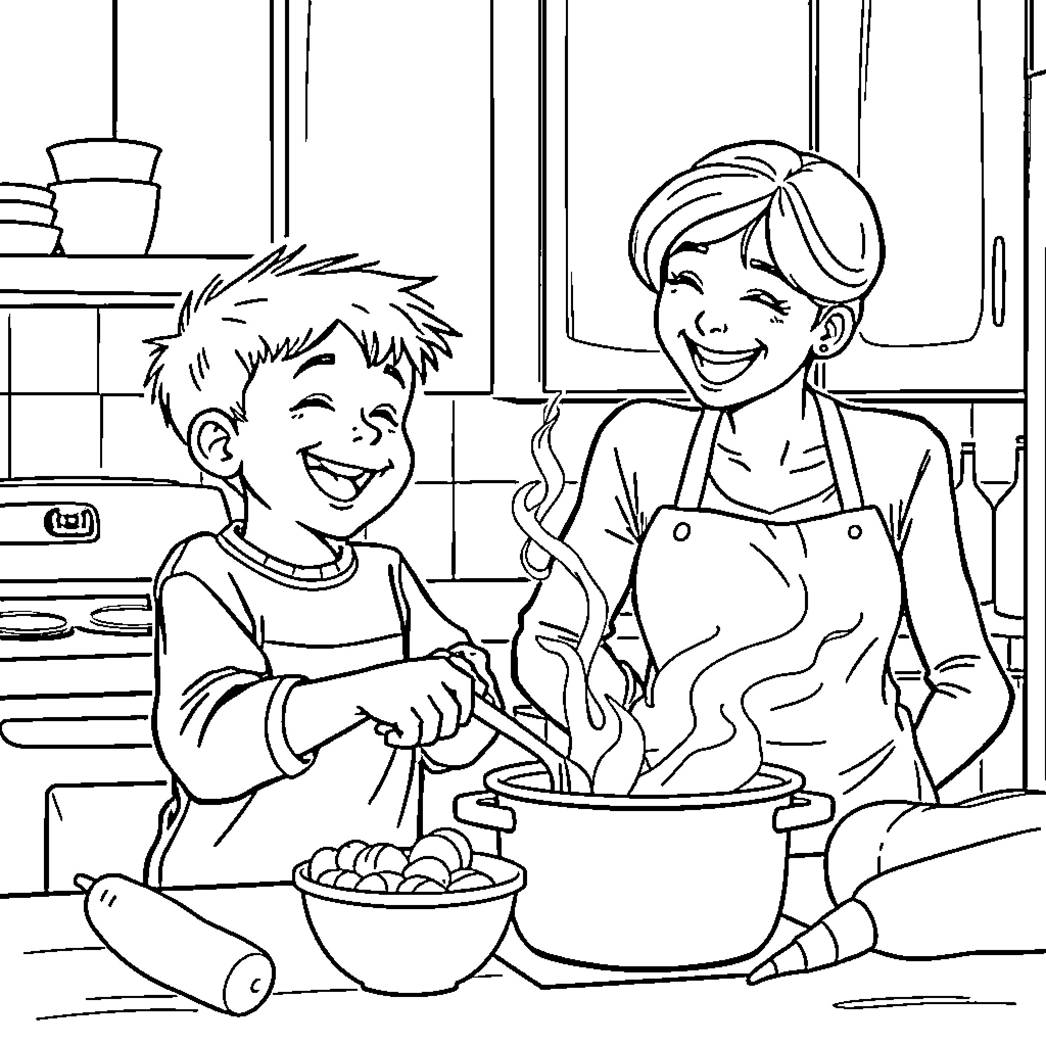Boy assisting mother in the kitchen Coloring Page (free black-and-white line drawing printable PDF for all, from beginners to advanced learners, including children, teens, adults, and seniors)