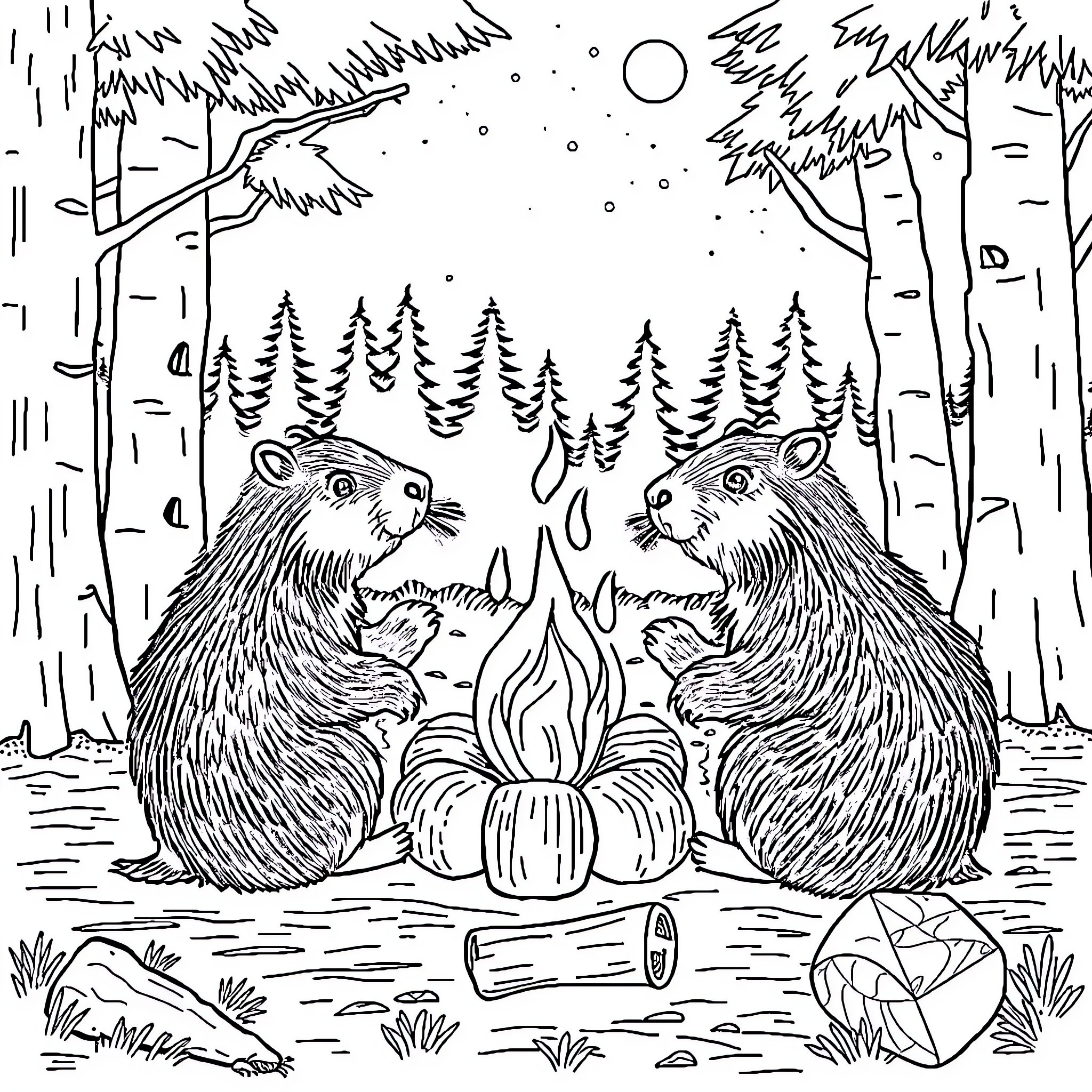 Capybara companions enjoying a cozy campfire in the forest Coloring Page (free black-and-white line drawing printable PDF for all, from beginners to advanced learners, including children, teens, adults, and seniors)