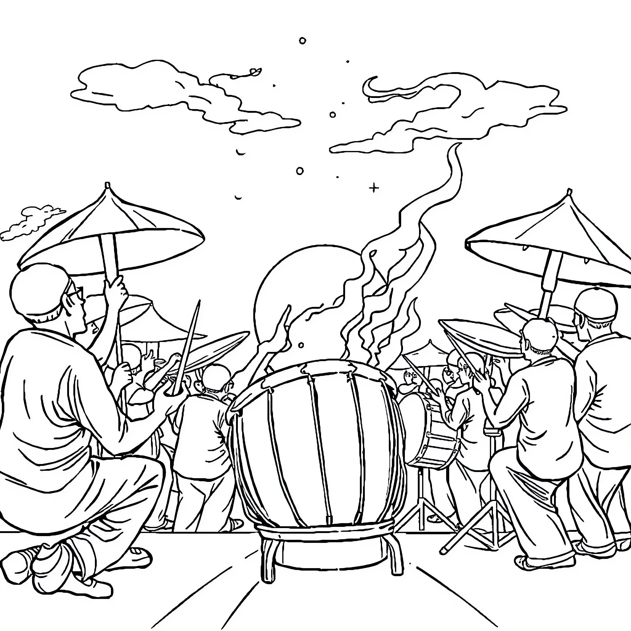 Thung Festive Celebration with Drums and Umbrellas Coloring Page (free black-and-white line drawing printable PDF for all, from beginners to advanced learners, including children, teens, adults, and seniors)