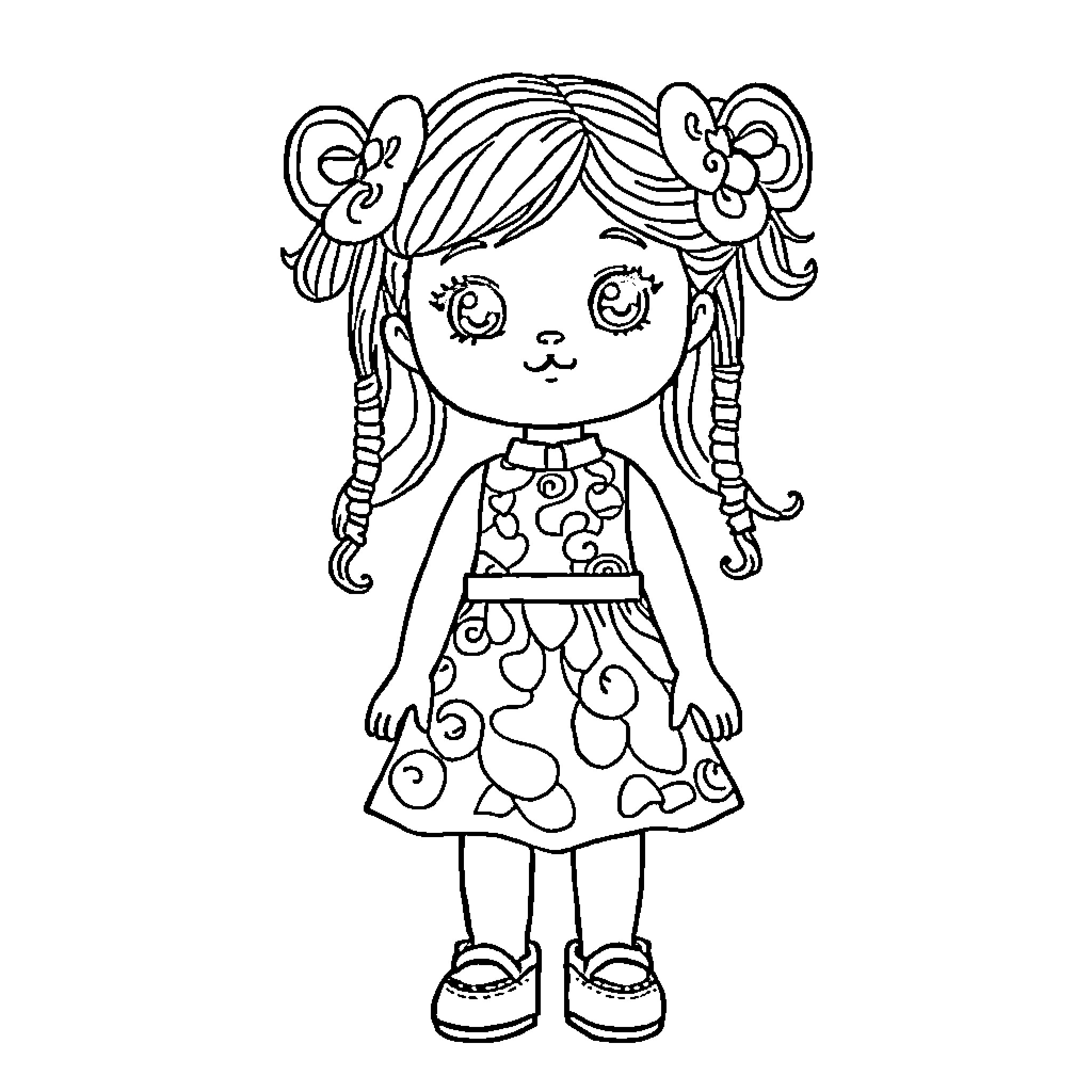 Doll with Elaborate Hairstyle and Patterned Dress Coloring Page (free black-and-white line drawing printable PDF for all, from beginners to advanced learners, including children, teens, adults, and seniors)