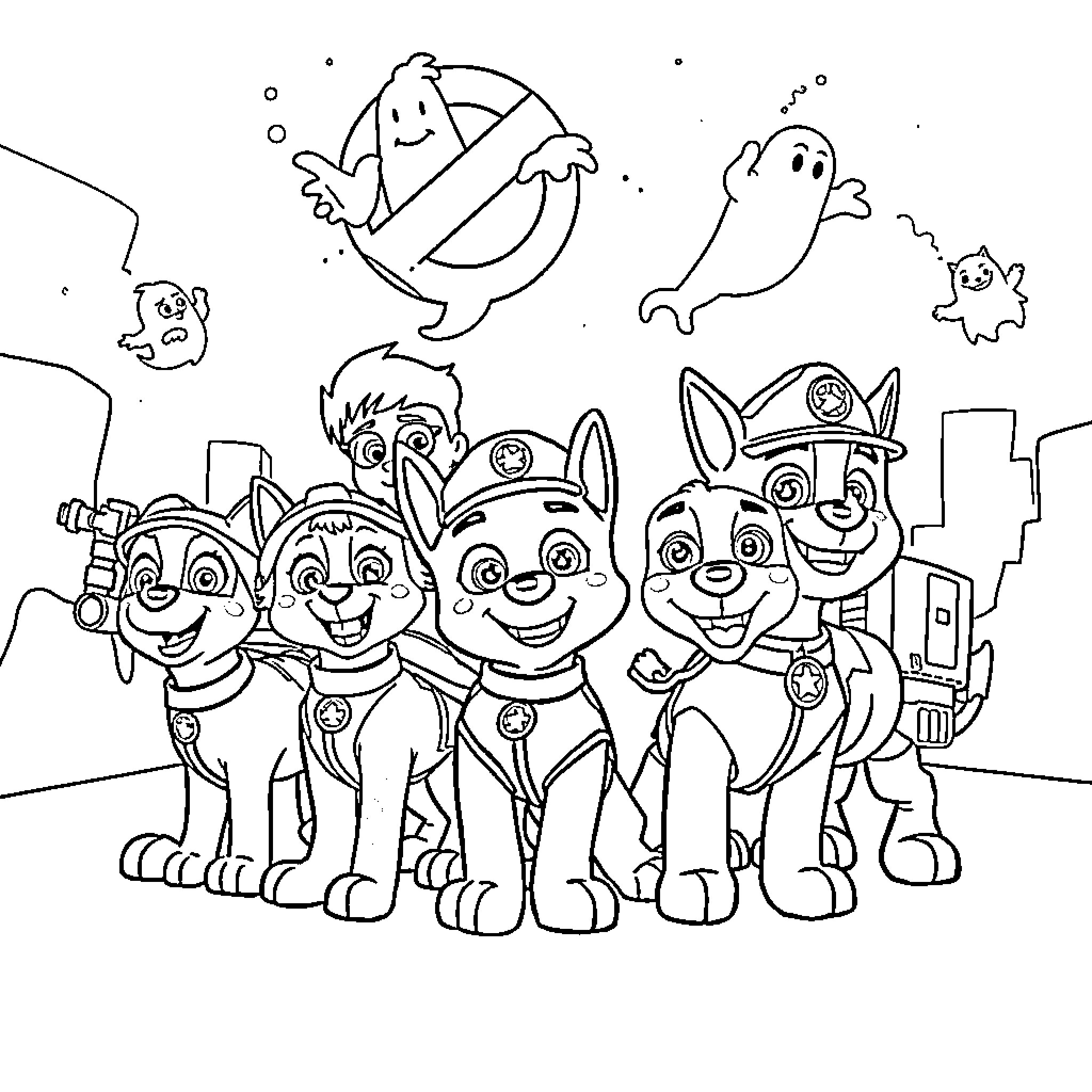 Paw Patrol team in action with ghosts Coloring Page (free black-and-white line drawing printable PDF for all, from beginners to advanced learners, including children, teens, adults, and seniors)