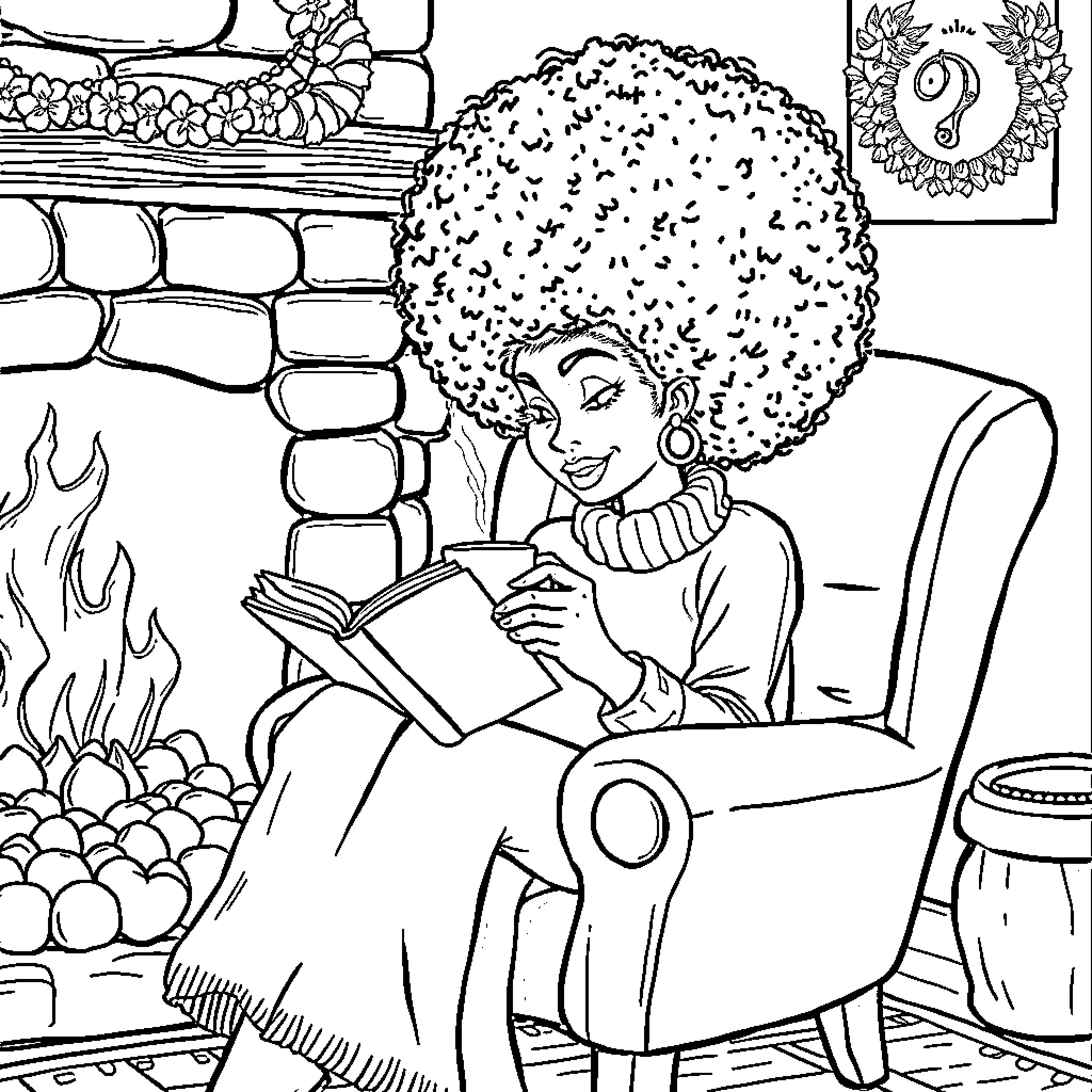 Woman reading book by cozy fireplace Coloring Page (free black-and-white line drawing printable PDF for all, from beginners to advanced learners, including children, teens, adults, and seniors)