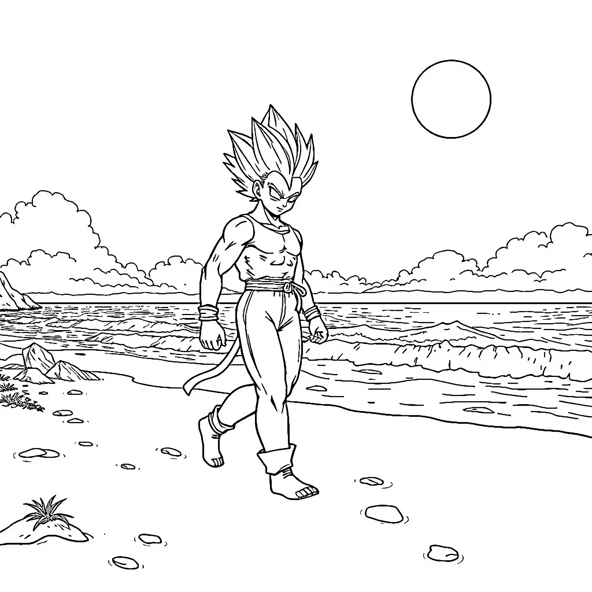 Android 18 enjoying the tranquil beach scenery Coloring Page (free black-and-white line drawing printable PDF for all, from beginners to advanced learners, including children, teens, adults, and seniors)