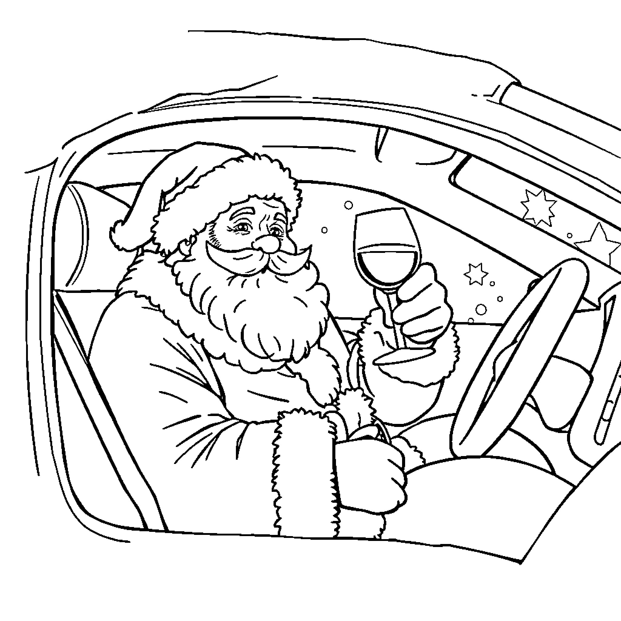 Father Christmas driving a car and enjoying a glass of wine Coloring Page (free black-and-white line drawing printable PDF for all, from beginners to advanced learners, including children, teens, adults, and seniors)