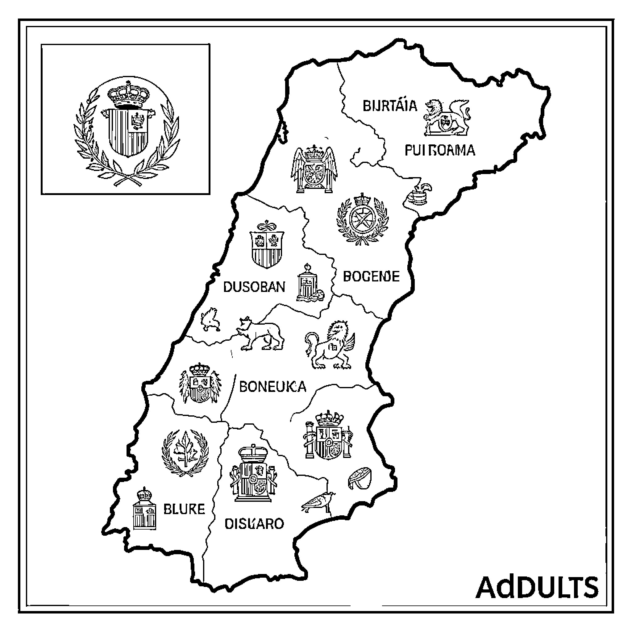 Portugal map showing various regional emblems and names Coloring Page (free black-and-white line drawing printable PDF for all, from beginners to advanced learners, including children, teens, adults, and seniors)