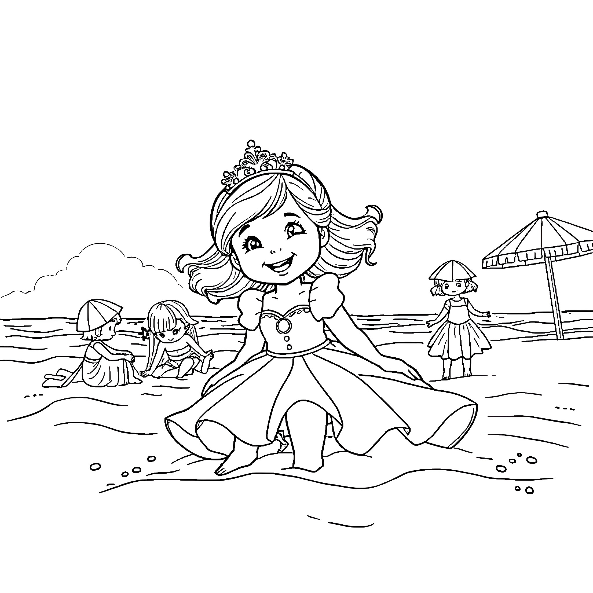 Girl playing joyfully on the beach with friends Coloring Page (free black-and-white line drawing printable PDF for all, from beginners to advanced learners, including children, teens, adults, and seniors)