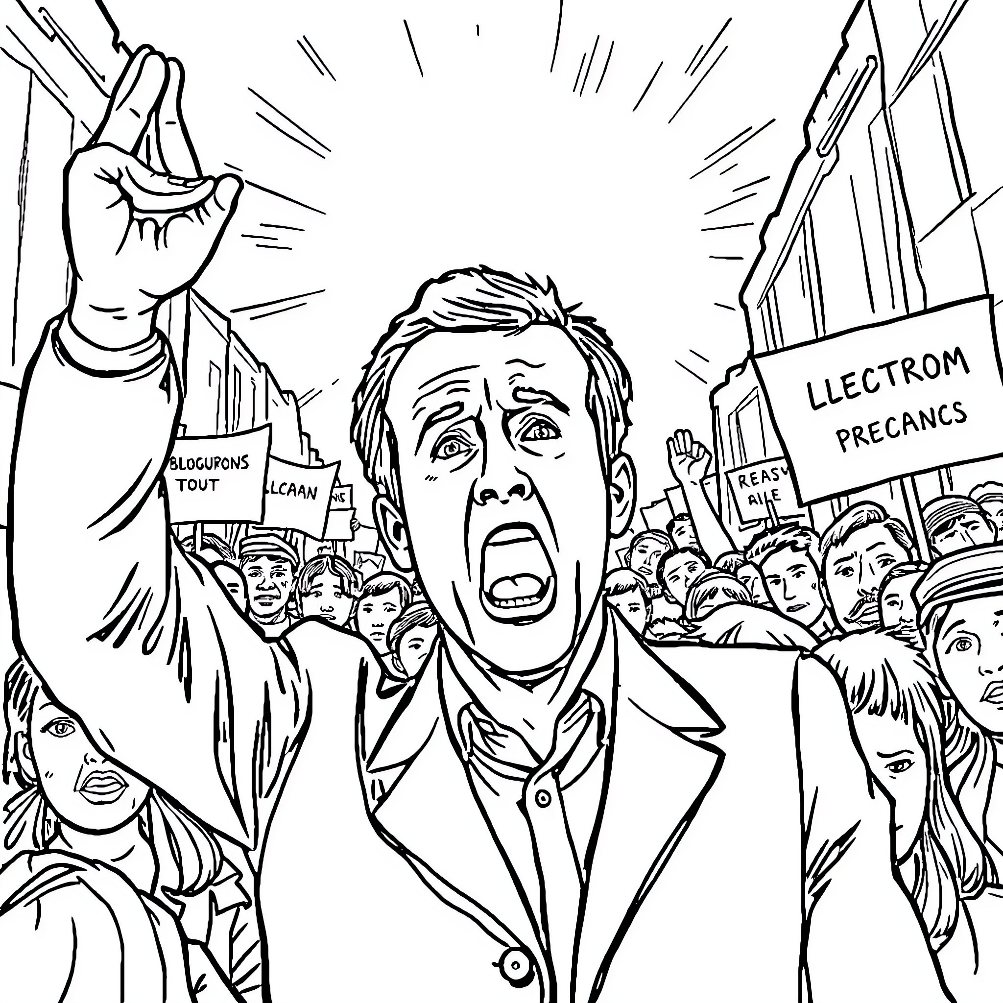 Macron rallies supporters with passionate speech Coloring Page (free black-and-white line drawing printable PDF for all, from beginners to advanced learners, including children, teens, adults, and seniors)