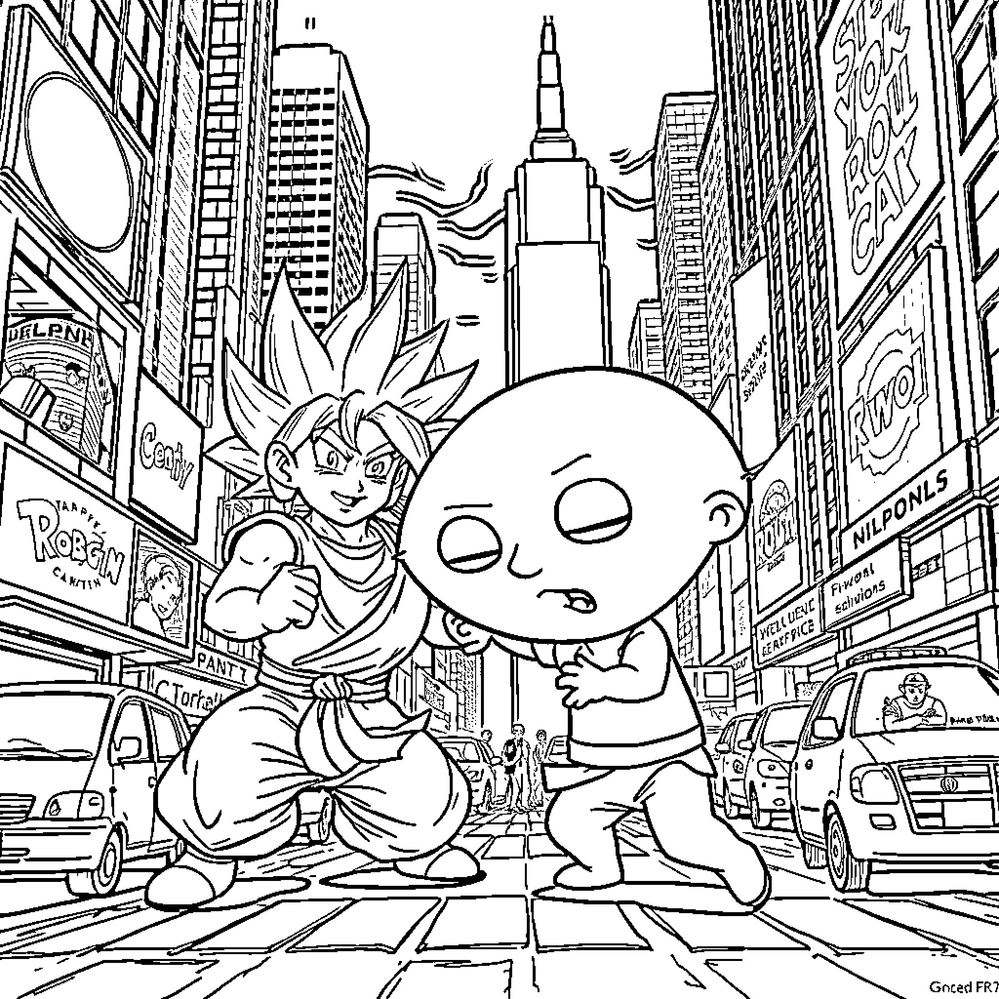 Stewie explores the bustling city streets Coloring Page (free black-and-white line drawing printable PDF for all, from beginners to advanced learners, including children, teens, adults, and seniors)