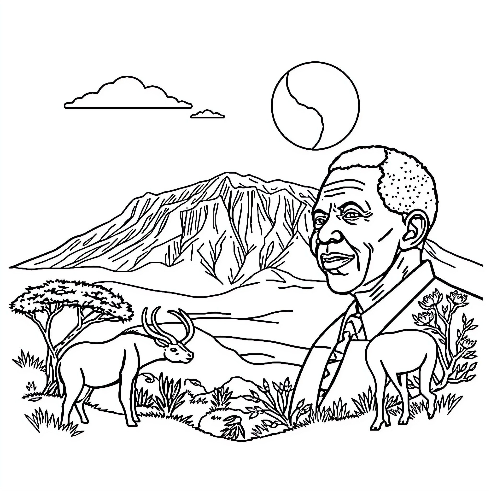 Icon of Smiling Man in African Landscape Coloring Page (free black-and-white line drawing printable PDF for all, from beginners to advanced learners, including children, teens, adults, and seniors)