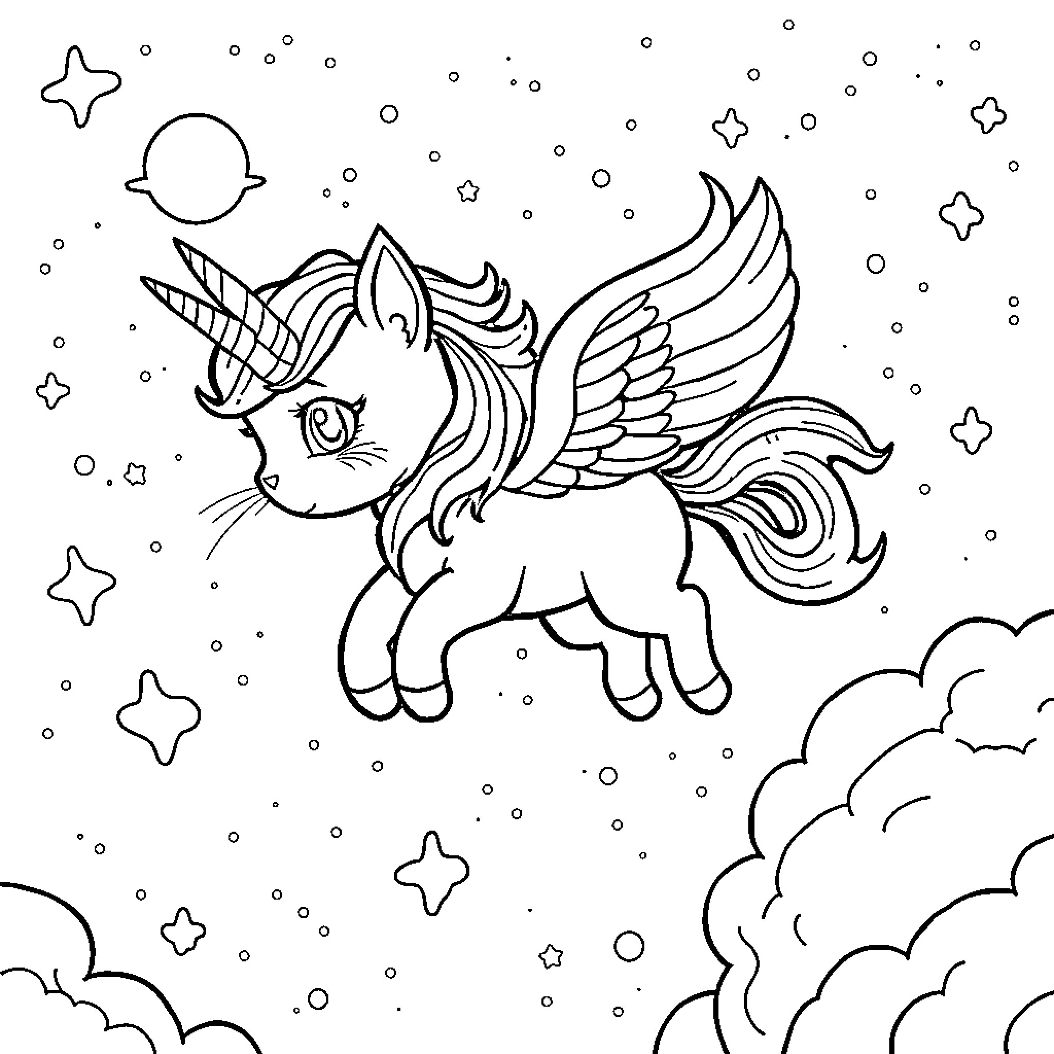 Kittycorn soaring through the starry night sky Coloring Page (free black-and-white line drawing printable PDF for all, from beginners to advanced learners, including children, teens, adults, and seniors)