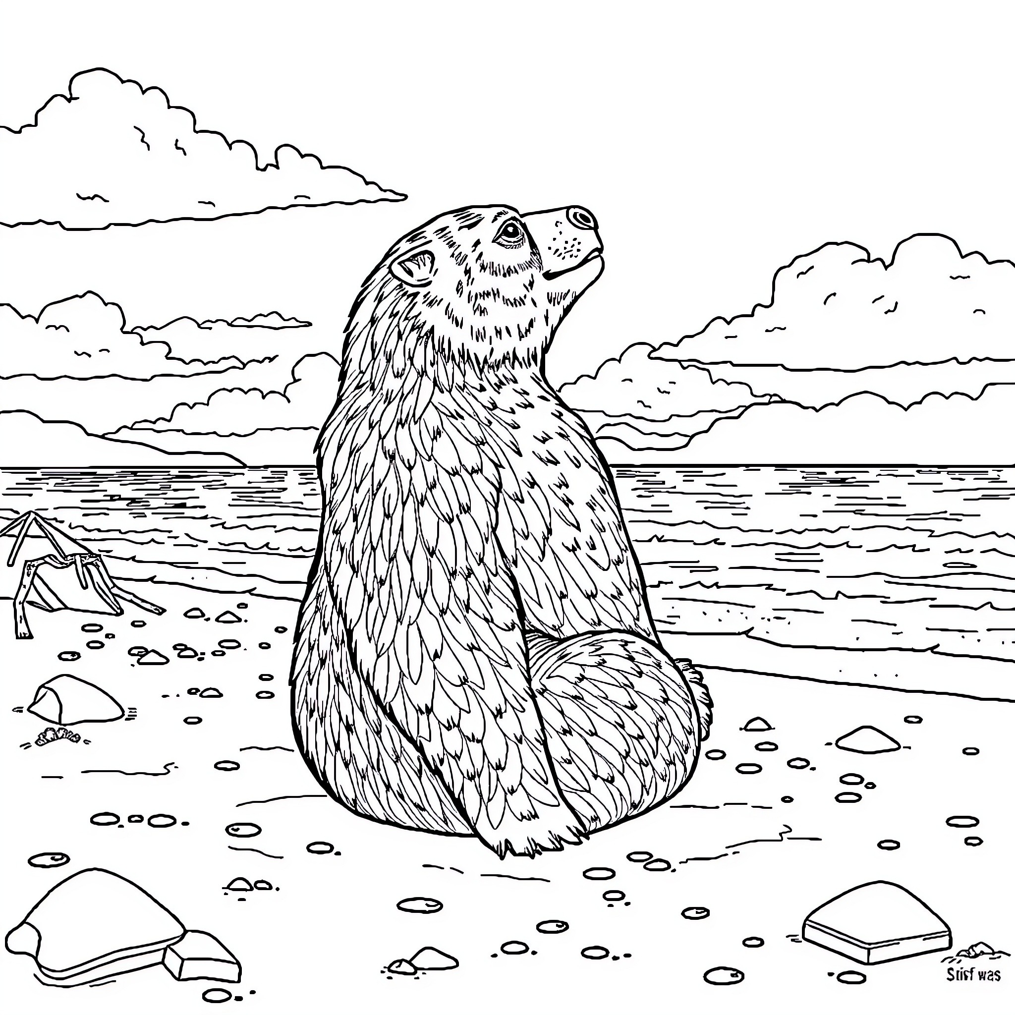 Bear sitting calmly on the beach Coloring Page (free black-and-white line drawing printable PDF for all, from beginners to advanced learners, including children, teens, adults, and seniors)