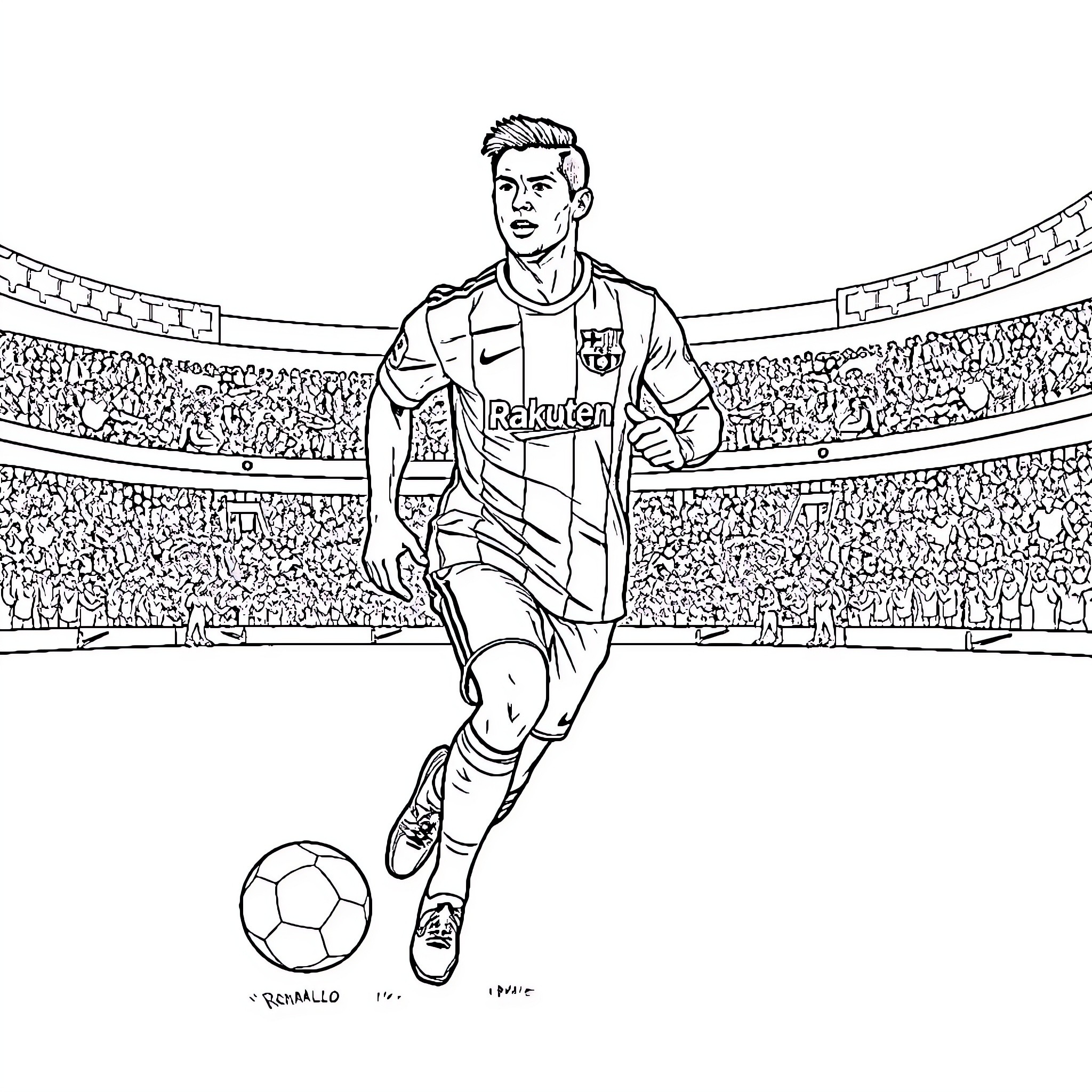 Ronaldo Dribbling the Ball in the Stadium Coloring Page (free black-and-white line drawing printable PDF for all, from beginners to advanced learners, including children, teens, adults, and seniors)