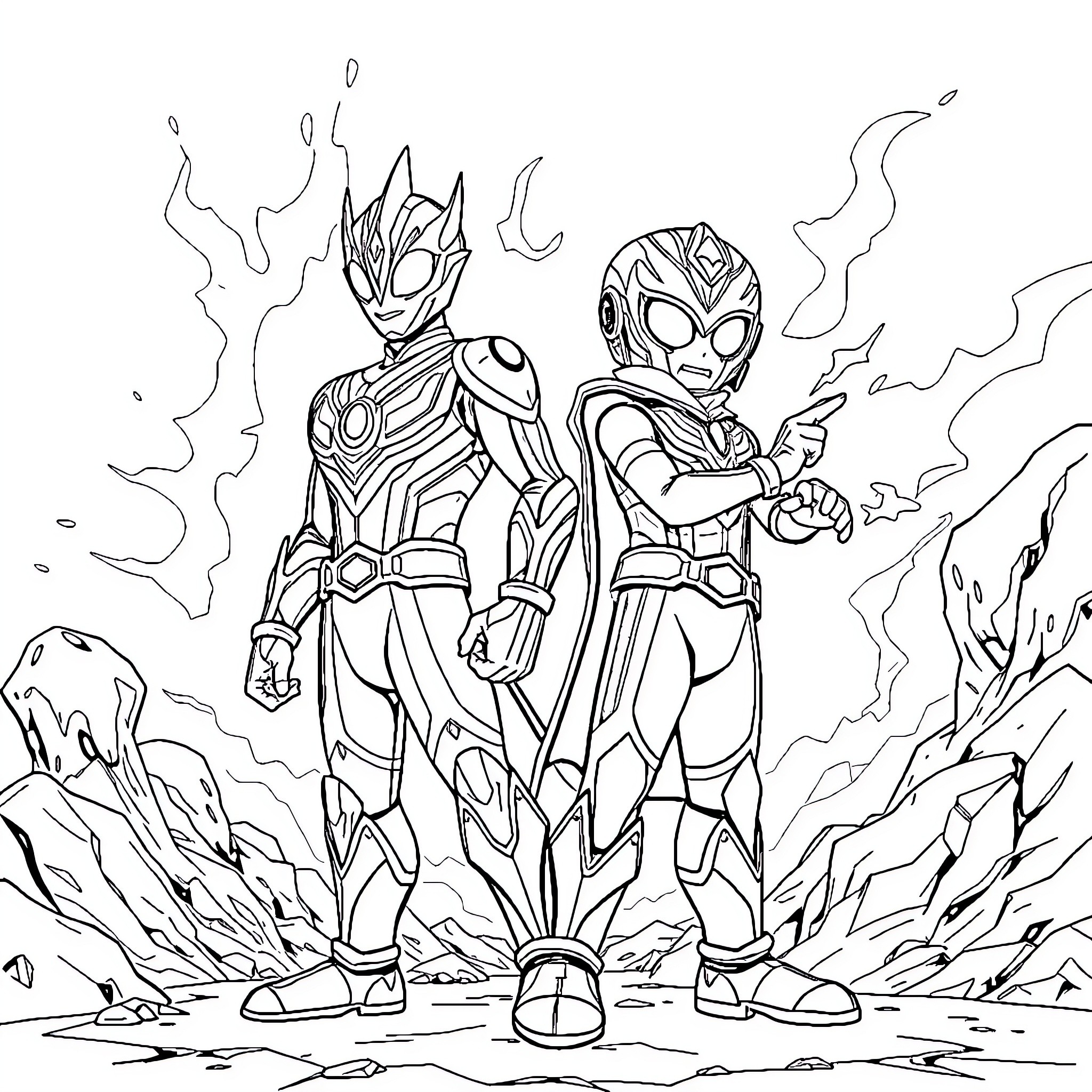 Ultraman heroes in epic battle formation Coloring Page (free black-and-white line drawing printable PDF for all, from beginners to advanced learners, including children, teens, adults, and seniors)