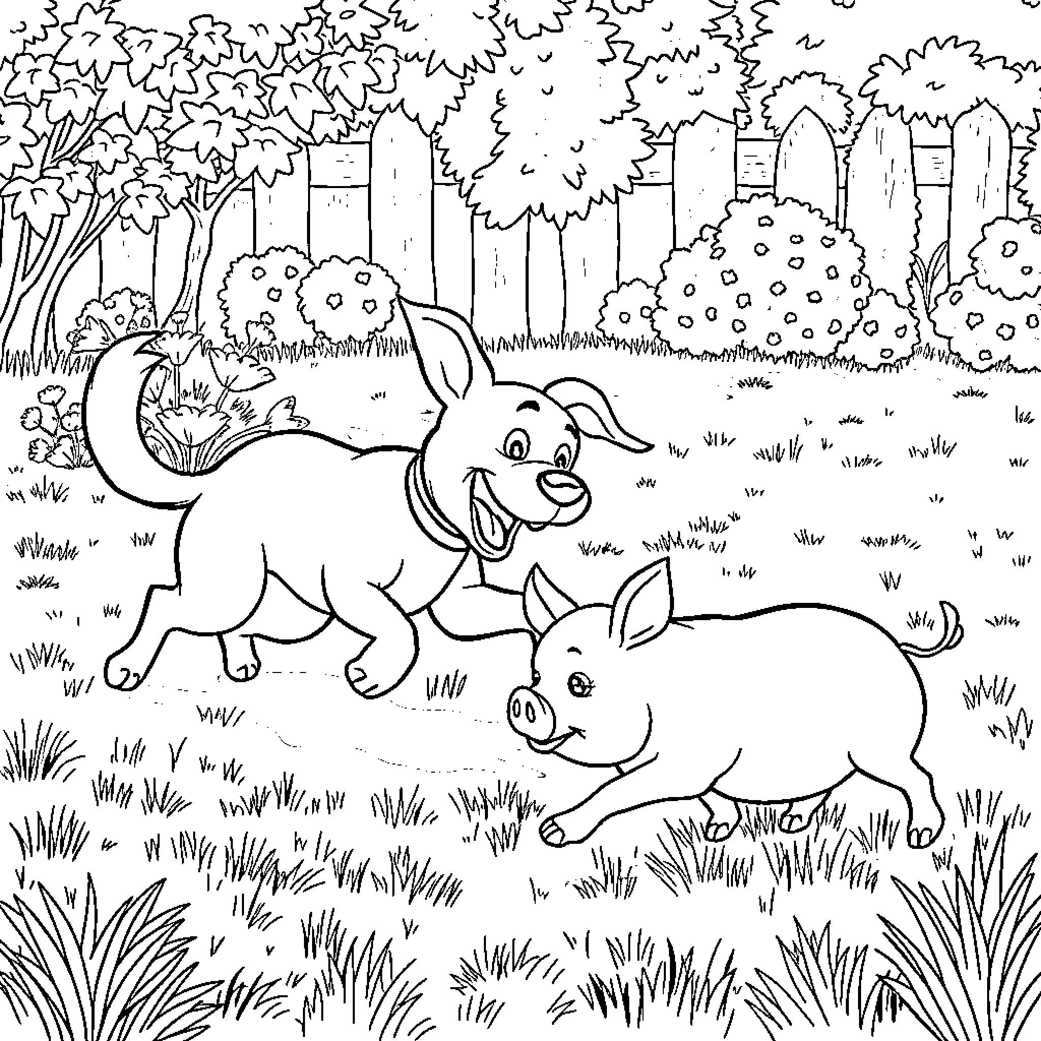 Dog friends enjoying a playful day outdoors Coloring Page (free black-and-white line drawing printable PDF for all, from beginners to advanced learners, including children, teens, adults, and seniors)