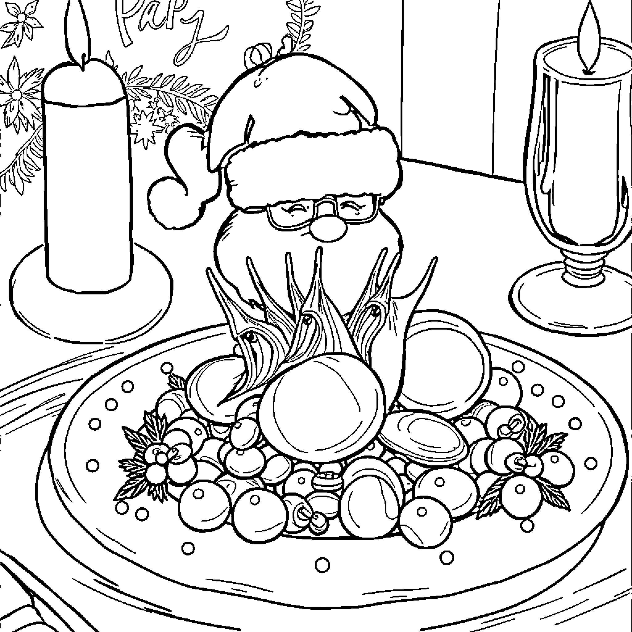 Escargot and Holiday Treats on the Table Coloring Page (free black-and-white line drawing printable PDF for all, from beginners to advanced learners, including children, teens, adults, and seniors)