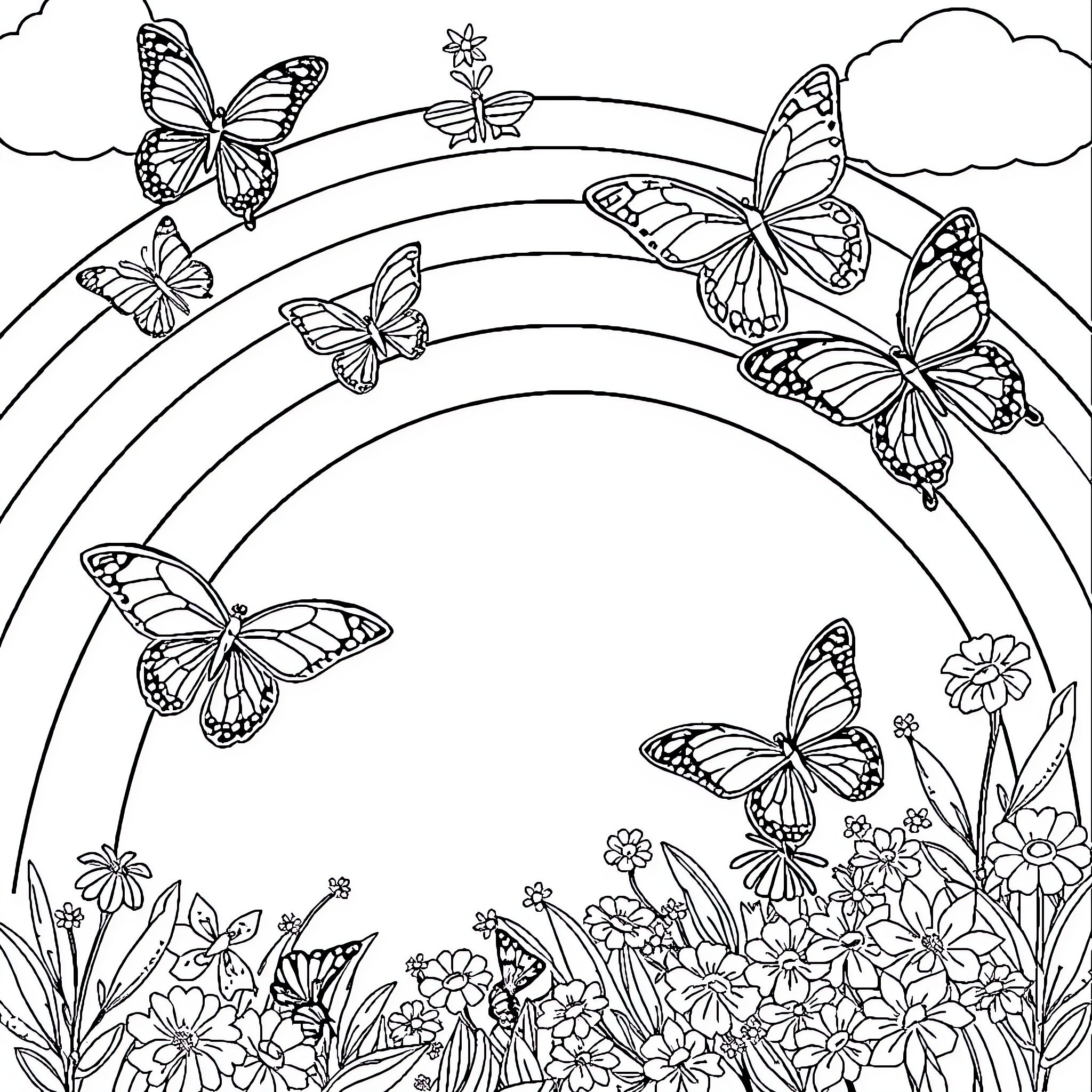 Butterfly Swarm in Vibrant Floral Landscape Coloring Page (free black-and-white line drawing printable PDF for all, from beginners to advanced learners, including children, teens, adults, and seniors)