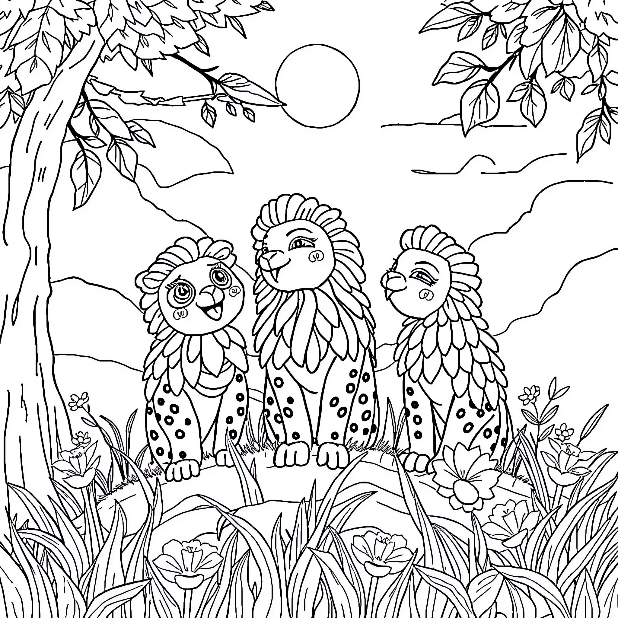 Singa Owls Exploring Enchanted Forest Coloring Page (free black-and-white line drawing printable PDF for all, from beginners to advanced learners, including children, teens, adults, and seniors)