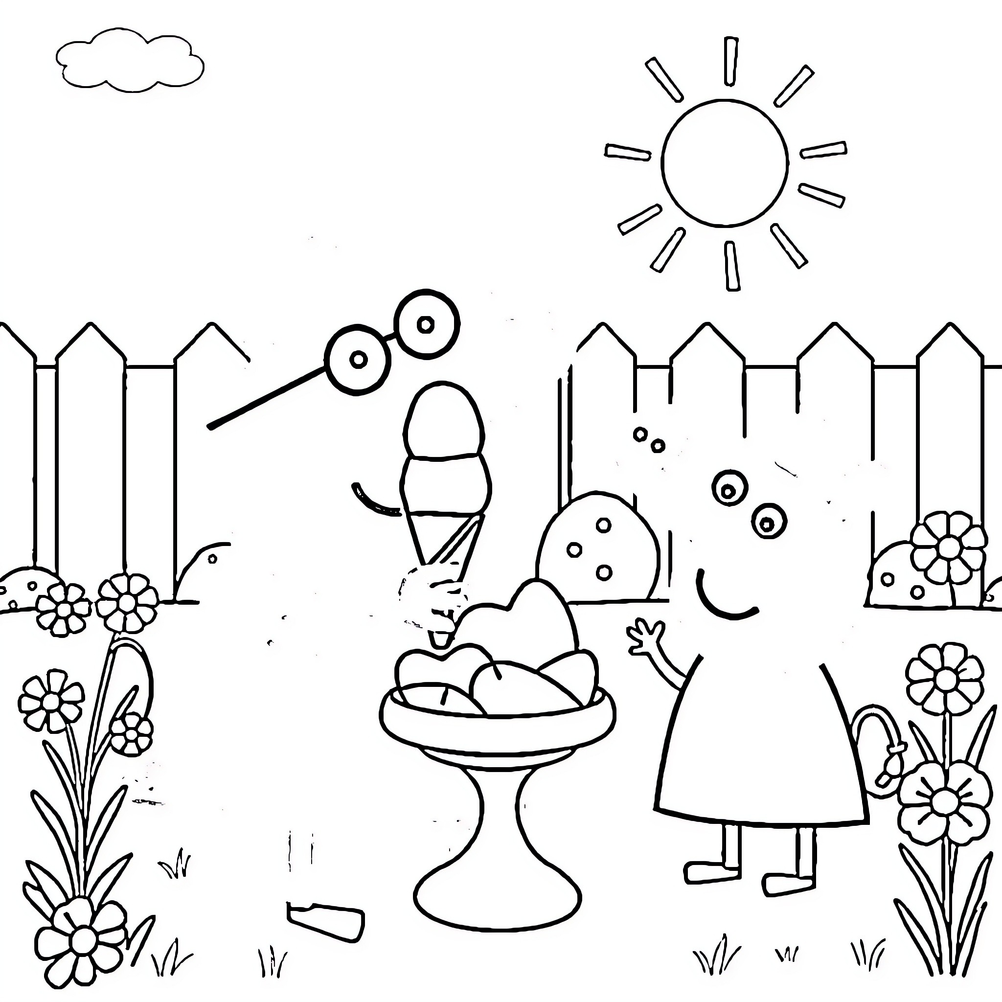 Peppa Pig's Spring Adventure Coloring Page (free black-and-white line drawing printable PDF for all, from beginners to advanced learners, including children, teens, adults, and seniors)