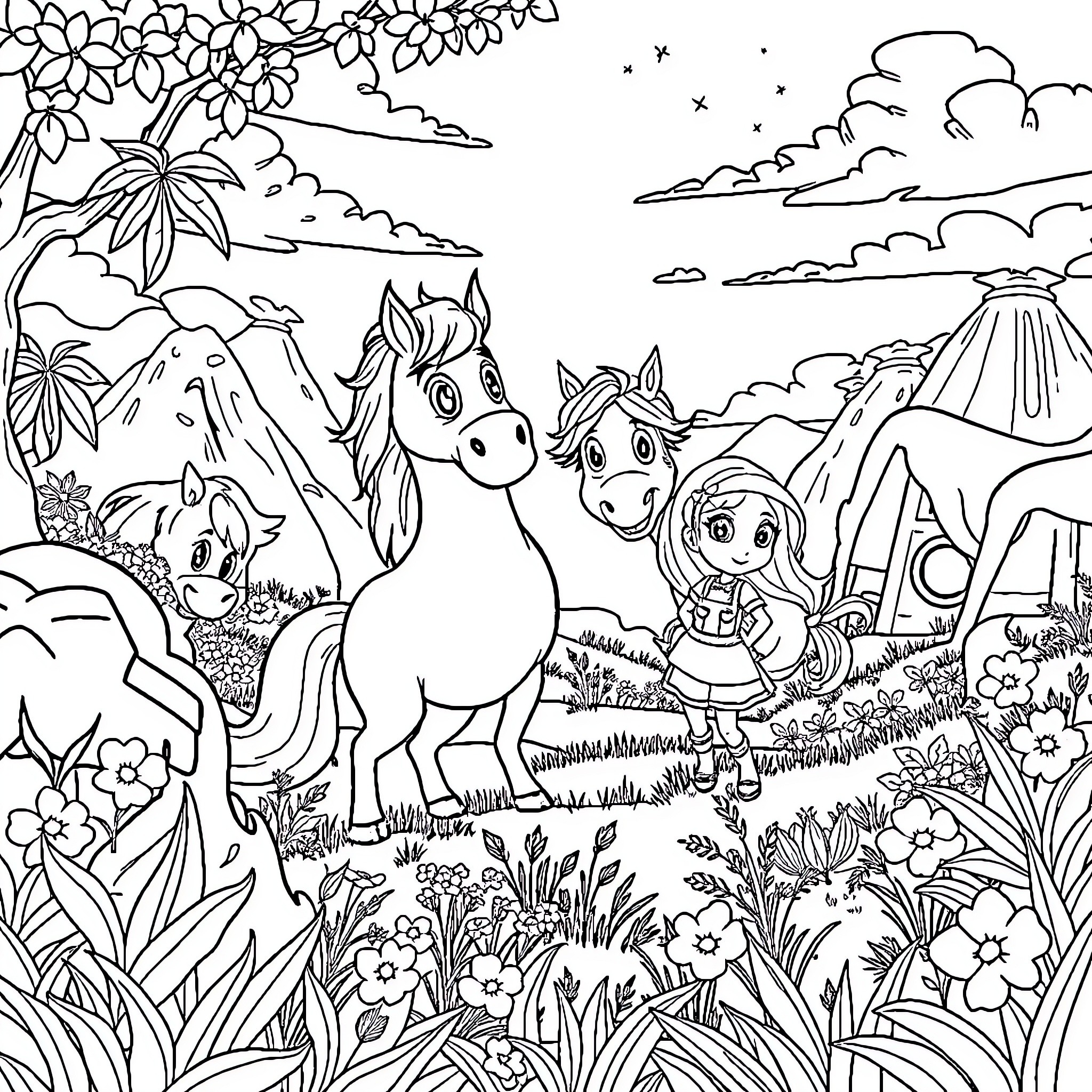 Adventure Time with Horses and Friends in Magical Land Coloring Page (free black-and-white line drawing printable PDF for all, from beginners to advanced learners, including children, teens, adults, and seniors)