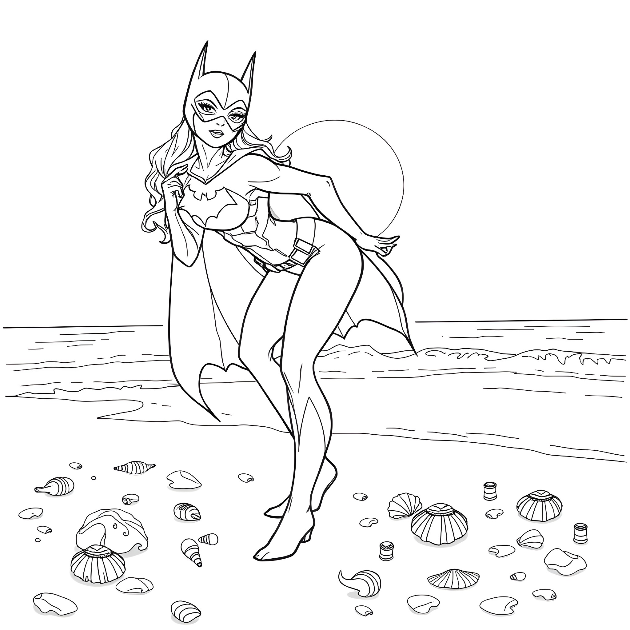 Bat Woman Strikes a Heroic Pose on the Beach Coloring Page (free black-and-white line drawing printable PDF for all, from beginners to advanced learners, including children, teens, adults, and seniors)