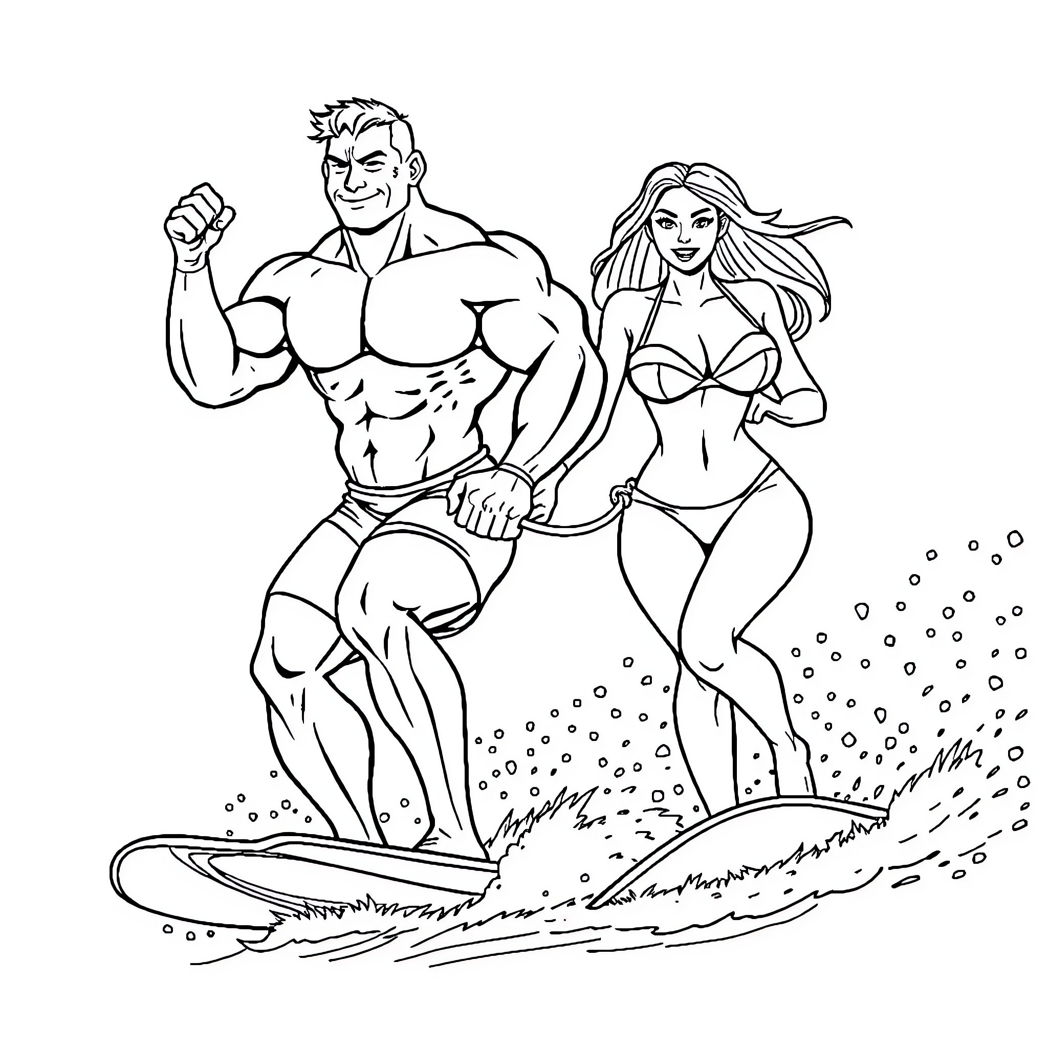 Bodybuilder surfers riding the waves with bikini-clad companion Coloring Page (free black-and-white line drawing printable PDF for all, from beginners to advanced learners, including children, teens, adults, and seniors)
