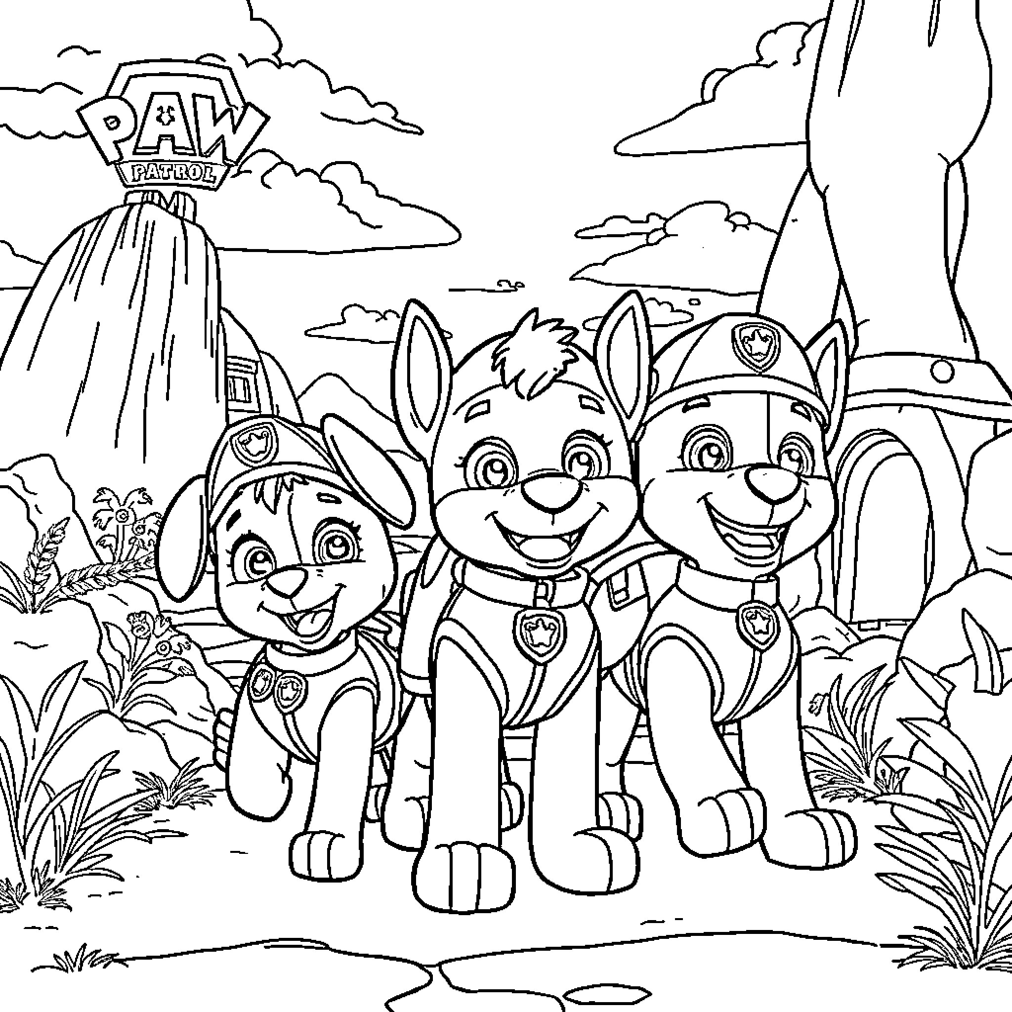 Paw Patrol Pups on Duty in the Wild Outdoors Coloring Page (free black-and-white line drawing printable PDF for all, from beginners to advanced learners, including children, teens, adults, and seniors)