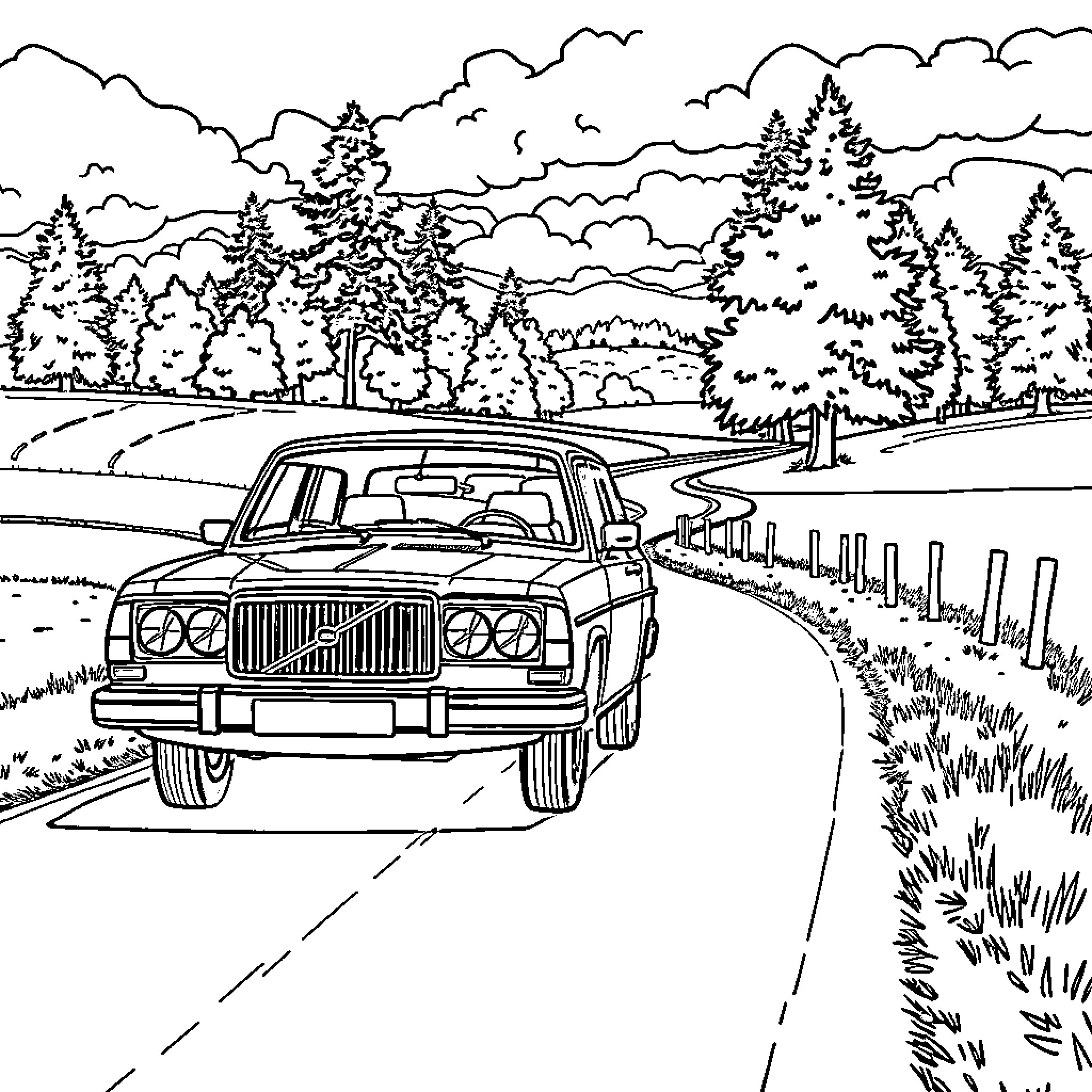Volvo Driving Through Scenic Countryside Coloring Page (free black-and-white line drawing printable PDF for all, from beginners to advanced learners, including children, teens, adults, and seniors)