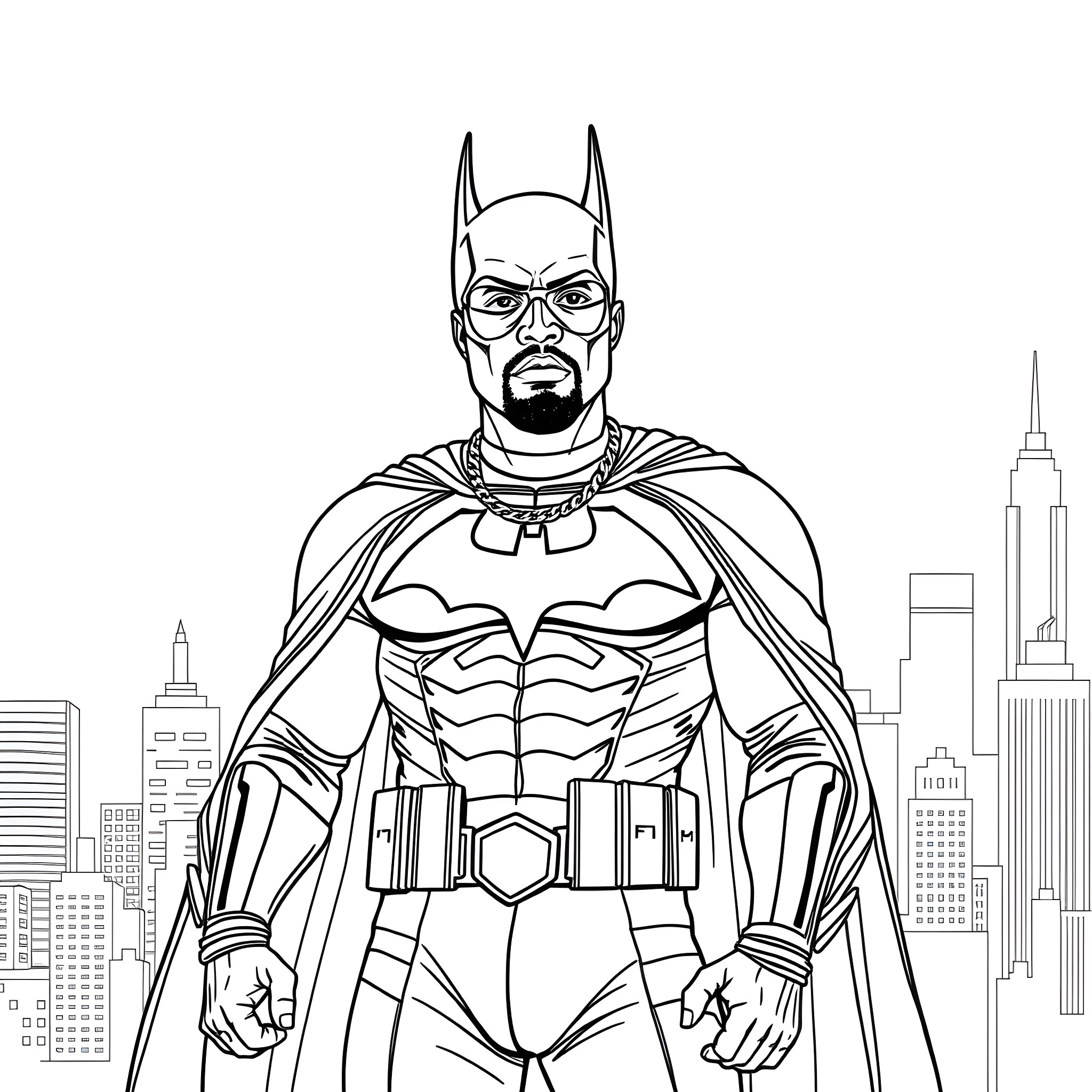 Kanye West as Batman in a heroic pose Coloring Page (free black-and-white line drawing printable PDF for all, from beginners to advanced learners, including children, teens, adults, and seniors)
