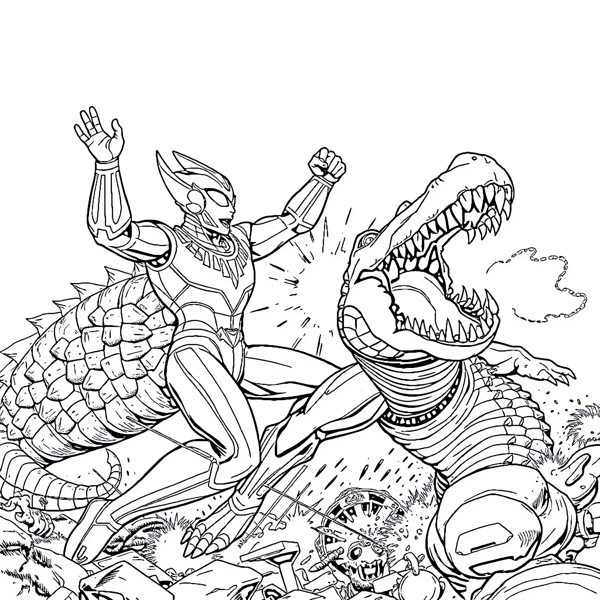 Ultraman battling a giant monster in a dynamic pose Coloring Page (free black-and-white line drawing printable PDF for all, from beginners to advanced learners, including children, teens, adults, and seniors)