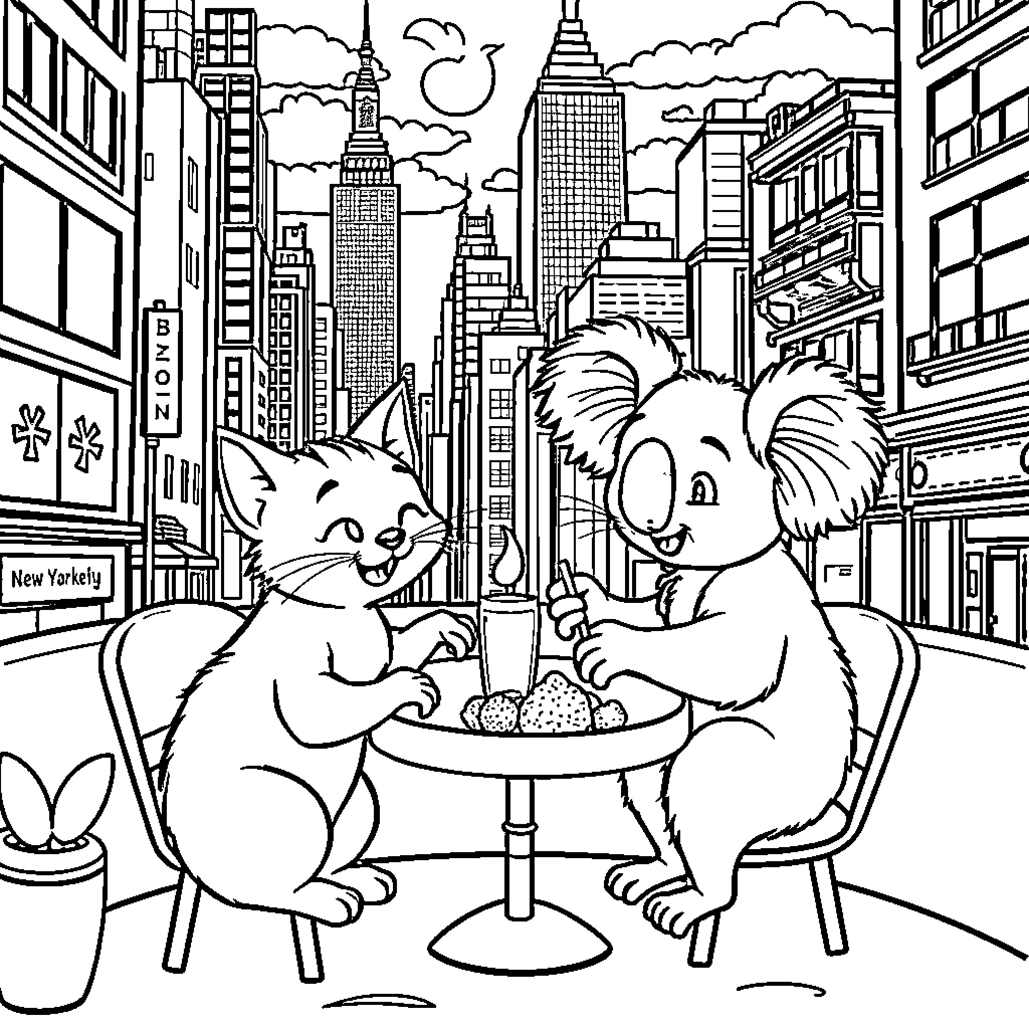 Cats Enjoying a Snack in the City Coloring Page (free black-and-white line drawing printable PDF for all, from beginners to advanced learners, including children, teens, adults, and seniors)