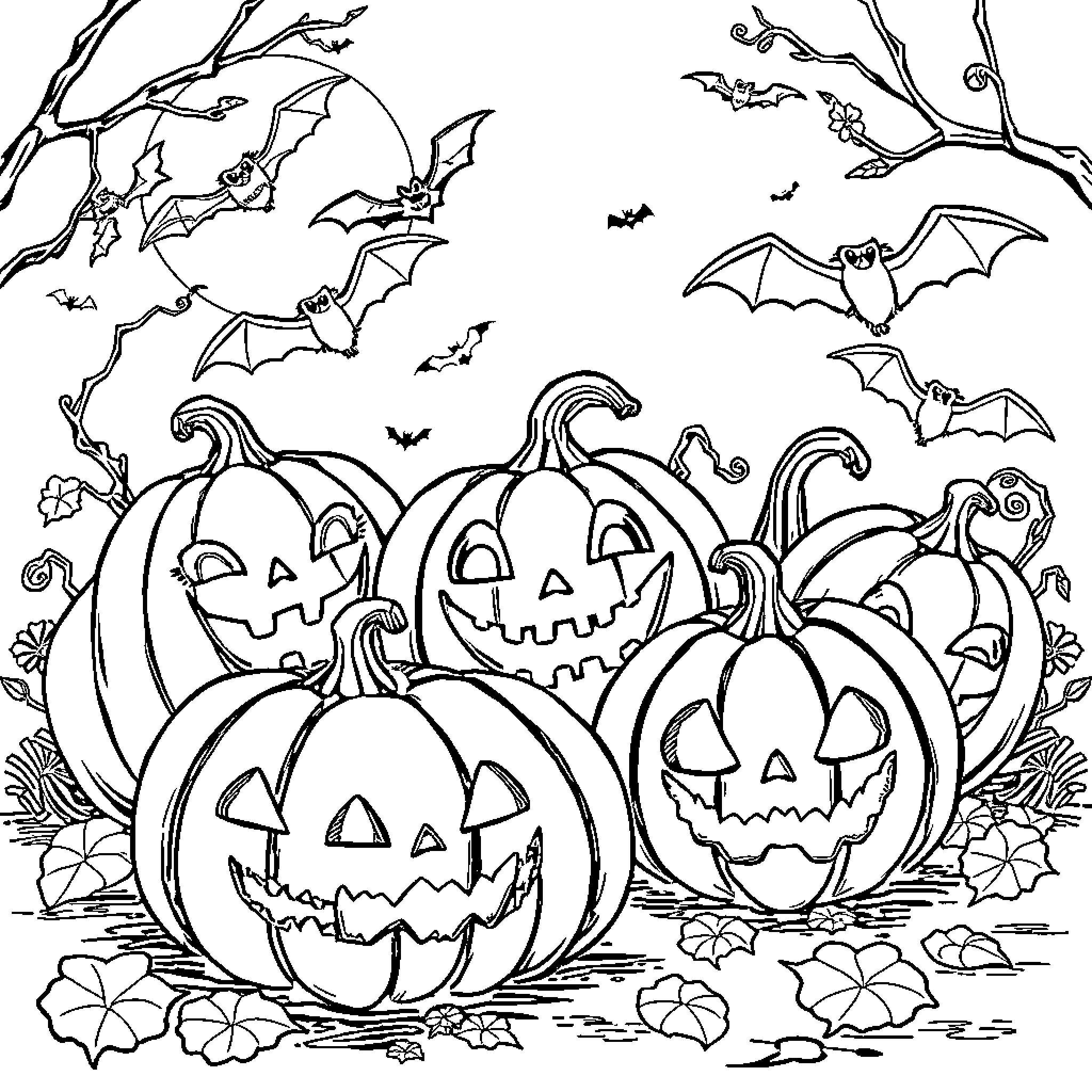 Pumpkin Halloween Celebration with Bats and Jack-o'-lanterns Coloring Page (free black-and-white line drawing printable PDF for all, from beginners to advanced learners, including children, teens, adults, and seniors)