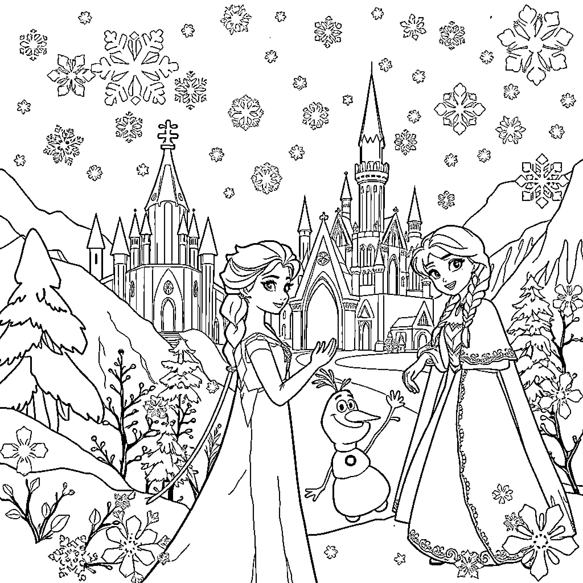 Frozen magical winter castle scene Coloring Page (free black-and-white line drawing printable PDF for all, from beginners to advanced learners, including children, teens, adults, and seniors)