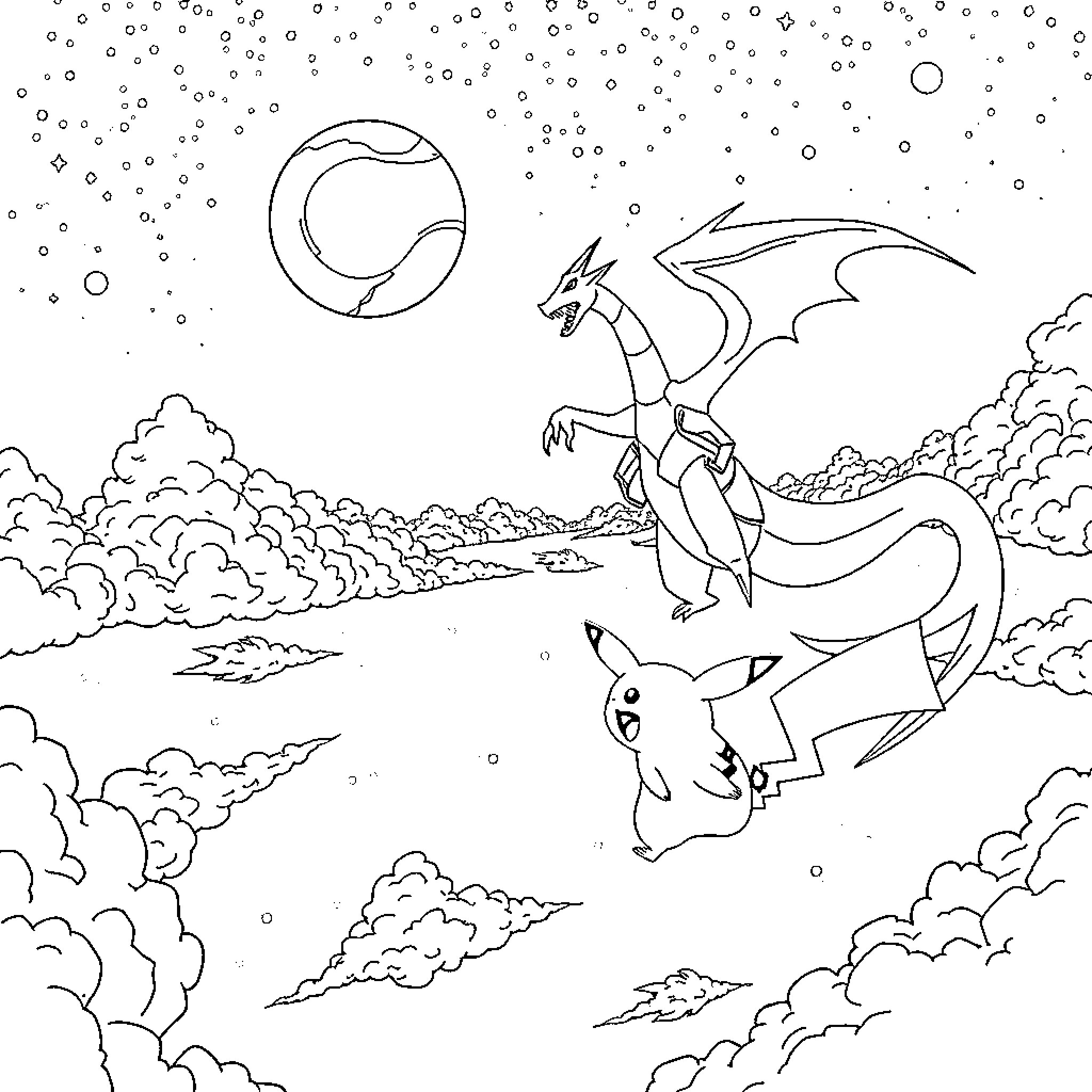 Rayquaza soaring through the sky with Pikachu Coloring Page (free black-and-white line drawing printable PDF for all, from beginners to advanced learners, including children, teens, adults, and seniors)