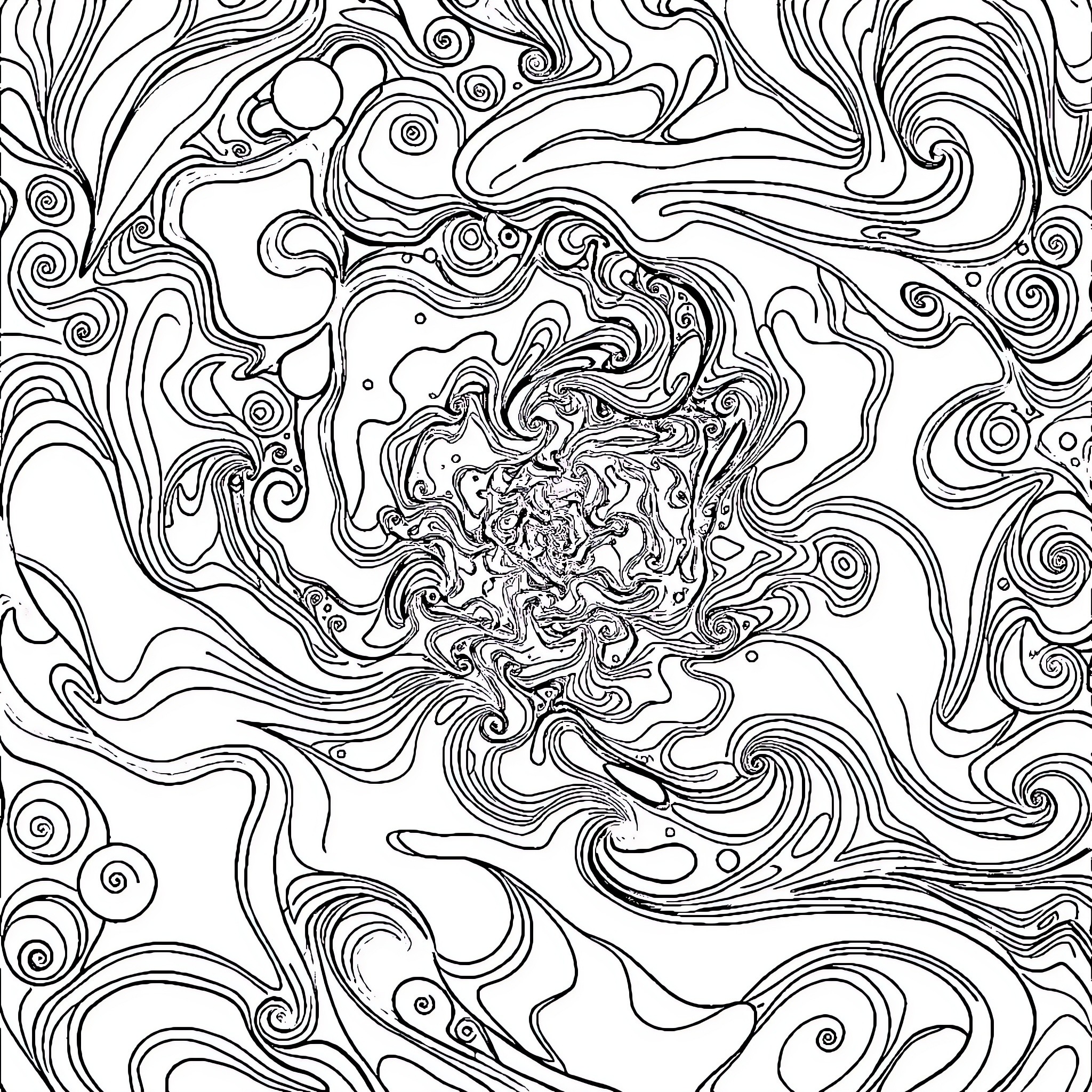 Psychedelic Swirling Patterns and Shapes Coloring Page (free black-and-white line drawing printable PDF for all, from beginners to advanced learners, including children, teens, adults, and seniors)