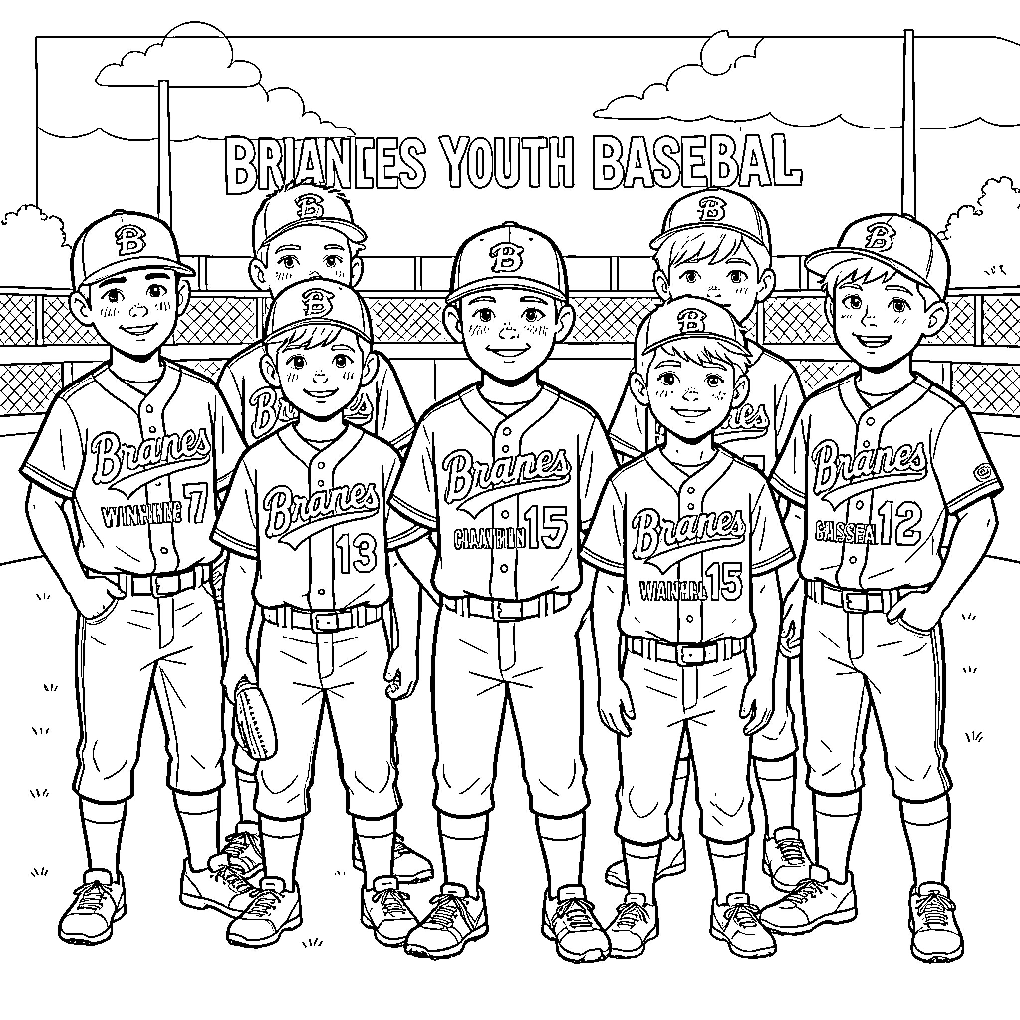Braves Youth Baseball Team in Uniform Coloring Page (free black-and-white line drawing printable PDF for all, from beginners to advanced learners, including children, teens, adults, and seniors)
