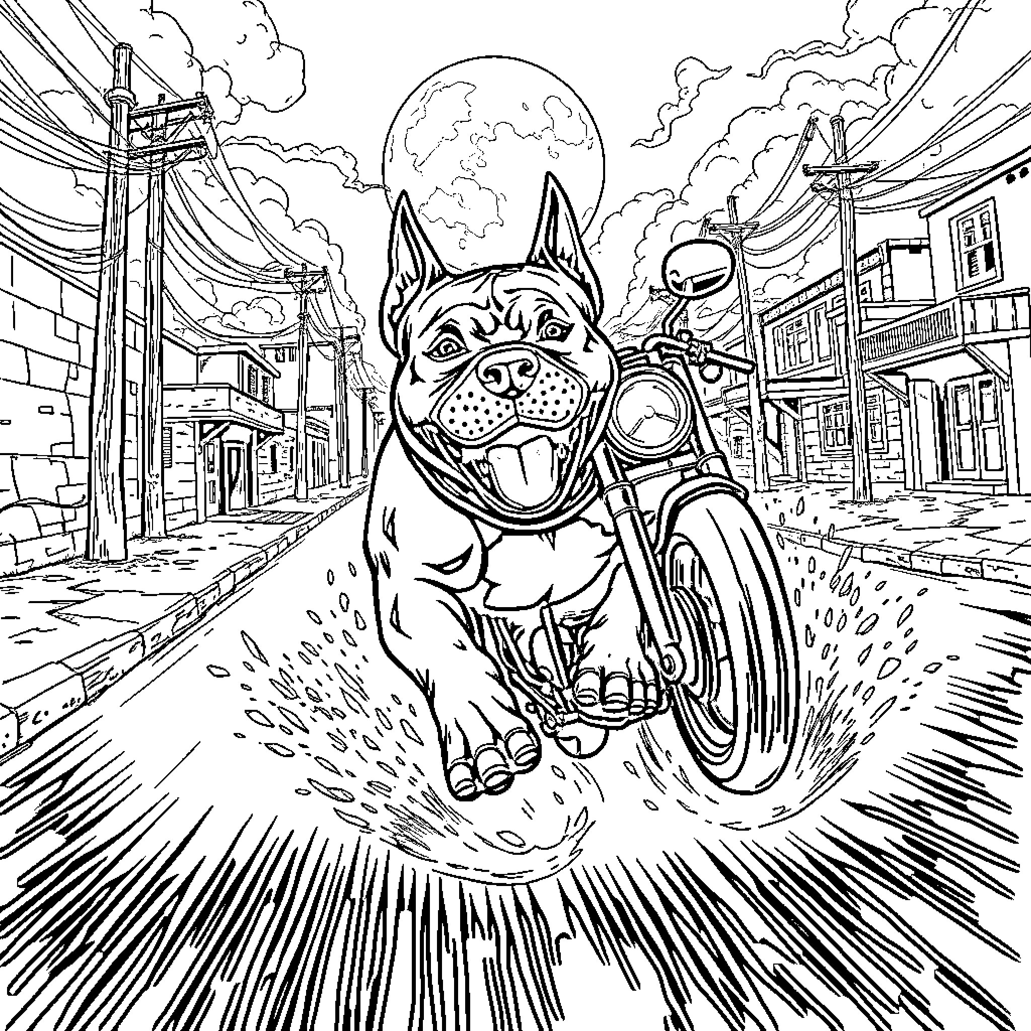 Pitbull riding a motorcycle through a city Coloring Page (free black-and-white line drawing printable PDF for all, from beginners to advanced learners, including children, teens, adults, and seniors)