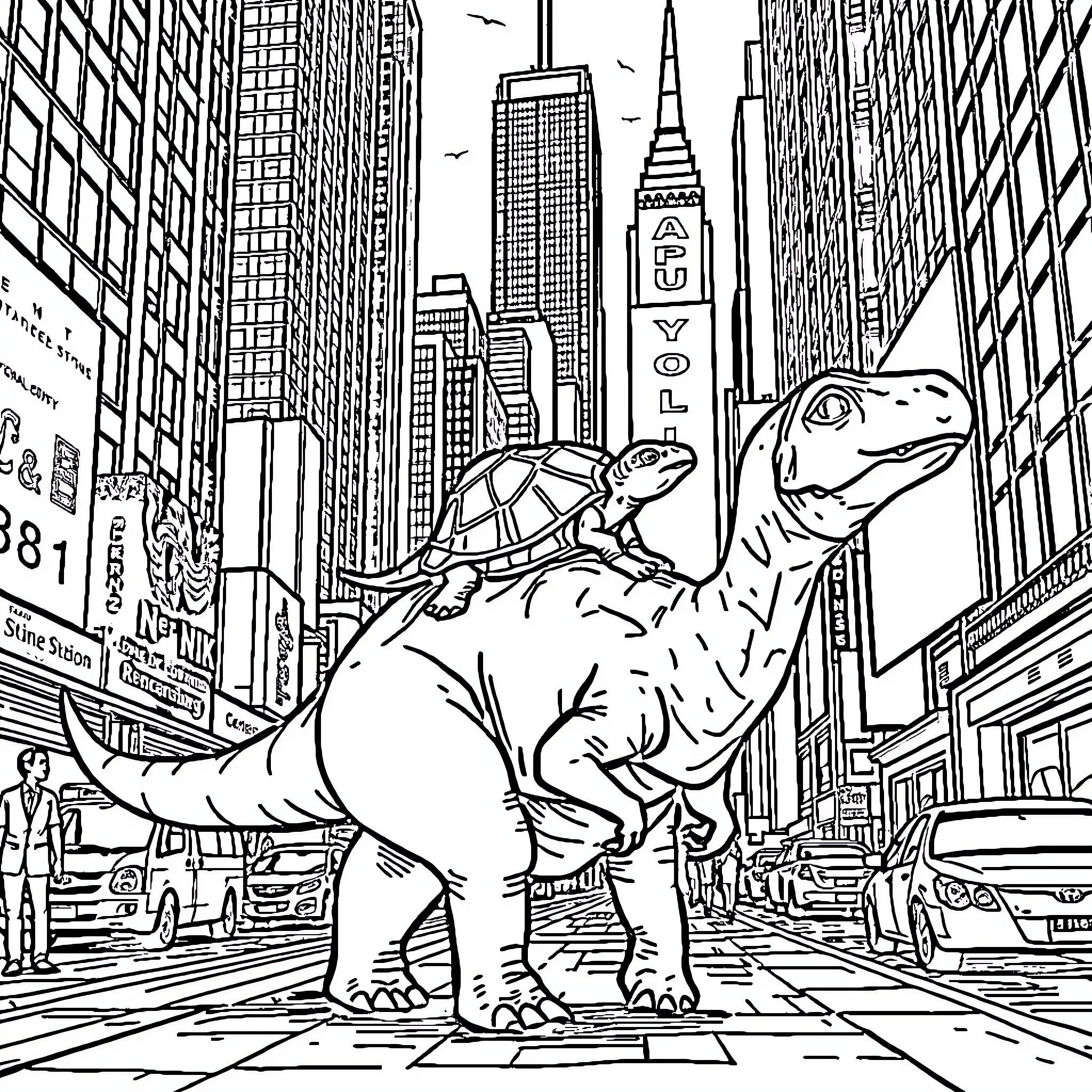 Turtle exploring the bustling city skyline Coloring Page (free black-and-white line drawing printable PDF for all, from beginners to advanced learners, including children, teens, adults, and seniors)