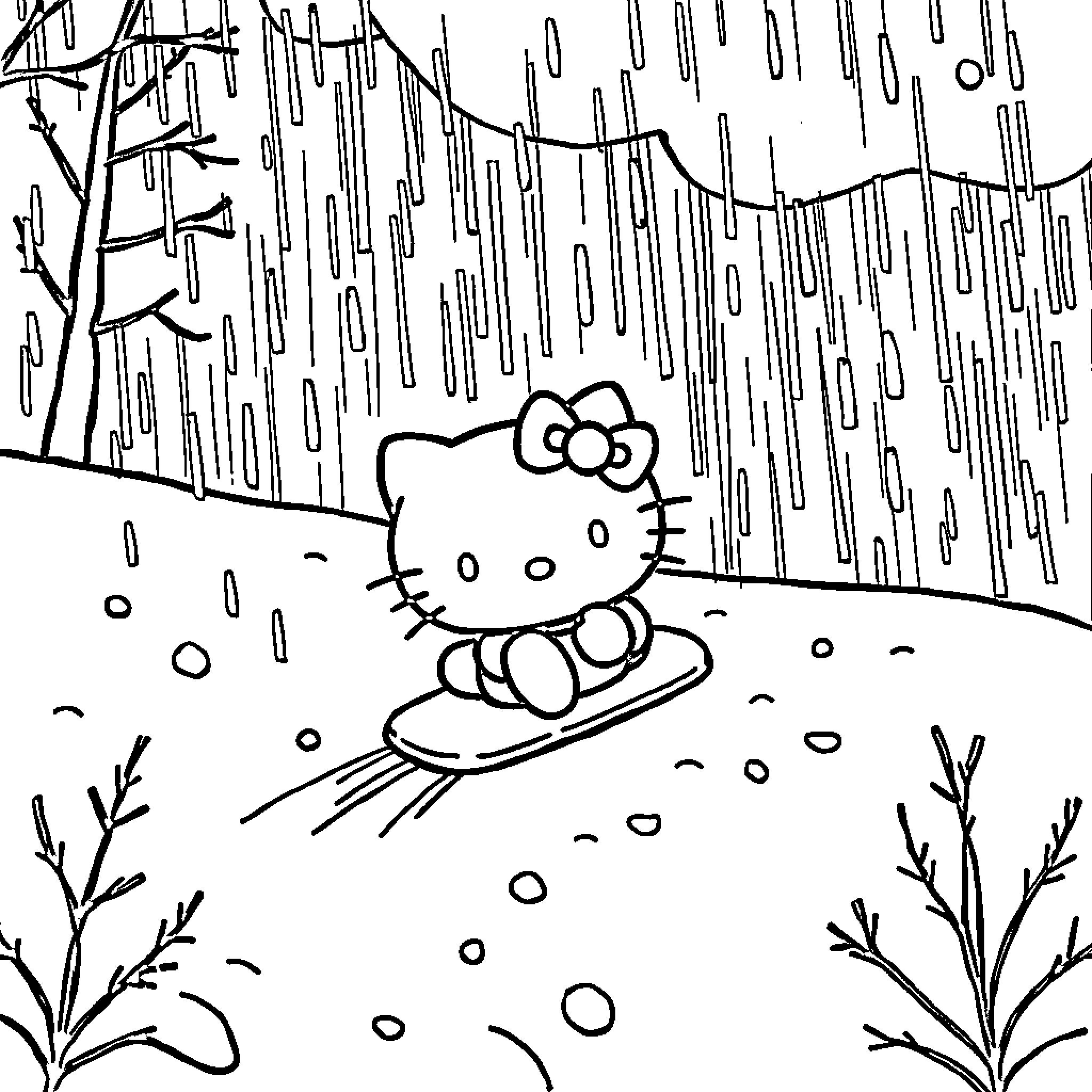Hello Kitty enjoying a snowy winter adventure Coloring Page (free black-and-white line drawing printable PDF for all, from beginners to advanced learners, including children, teens, adults, and seniors)