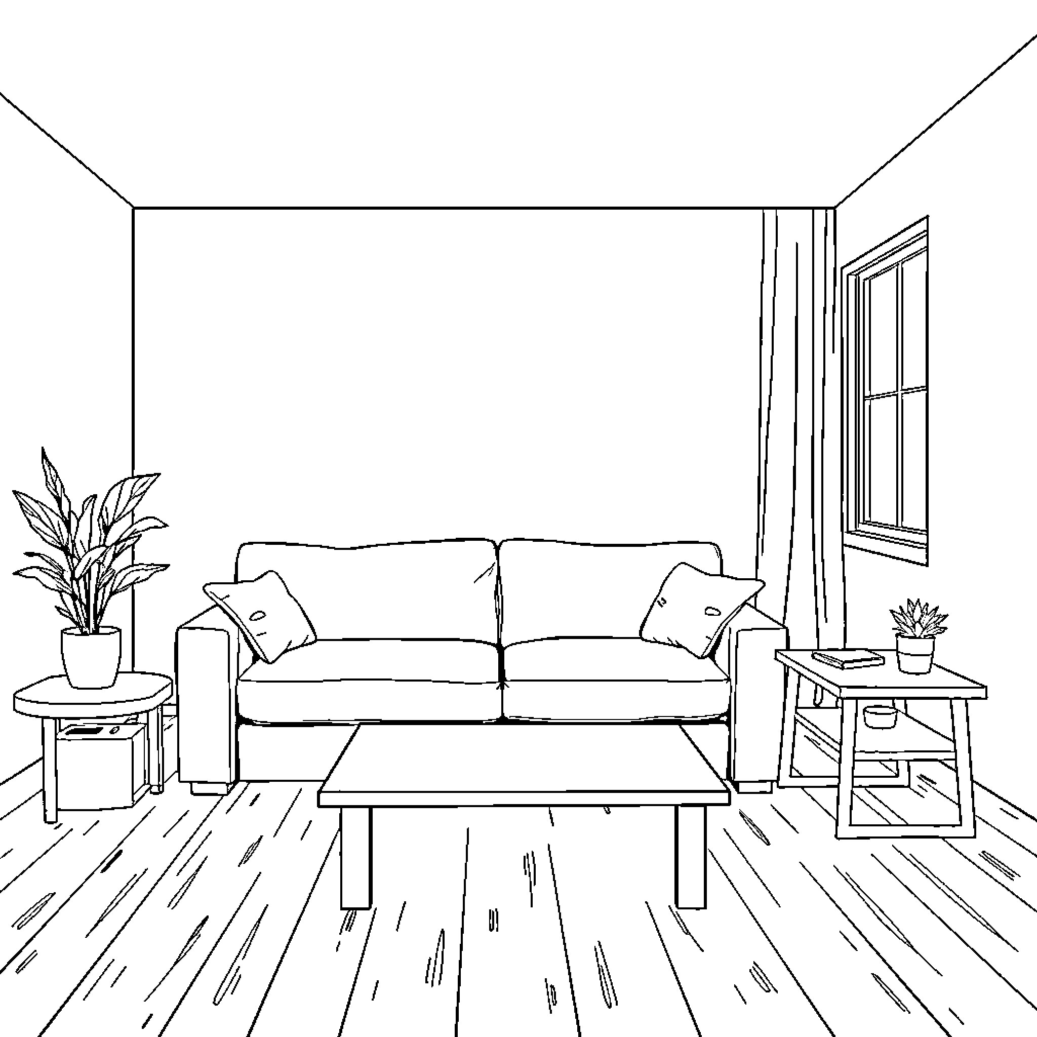 Room with Cozy Furnishings and Decor Coloring Page (free black-and-white line drawing printable PDF for all, from beginners to advanced learners, including children, teens, adults, and seniors)