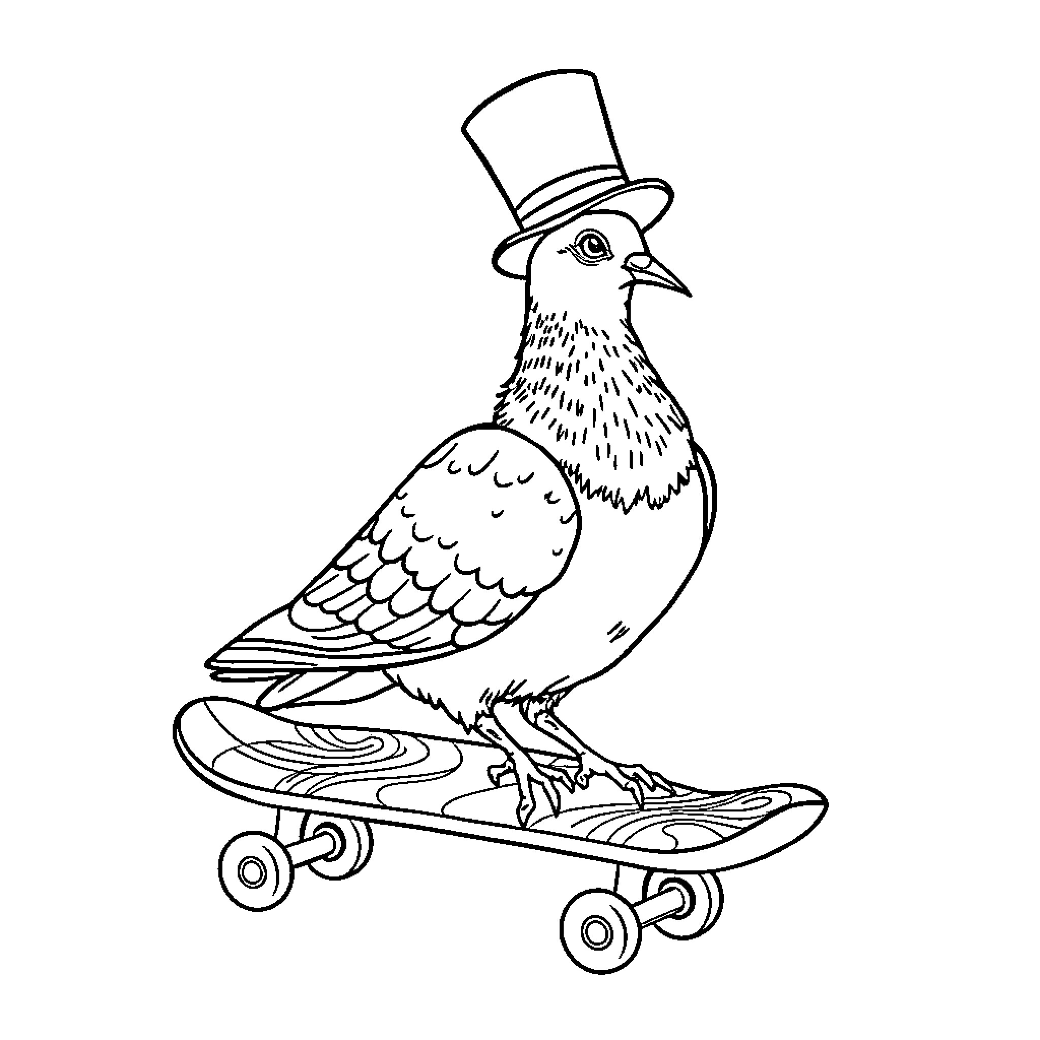 Pigeon riding skateboard with top hat Coloring Page (free black-and-white line drawing printable PDF for all, from beginners to advanced learners, including children, teens, adults, and seniors)
