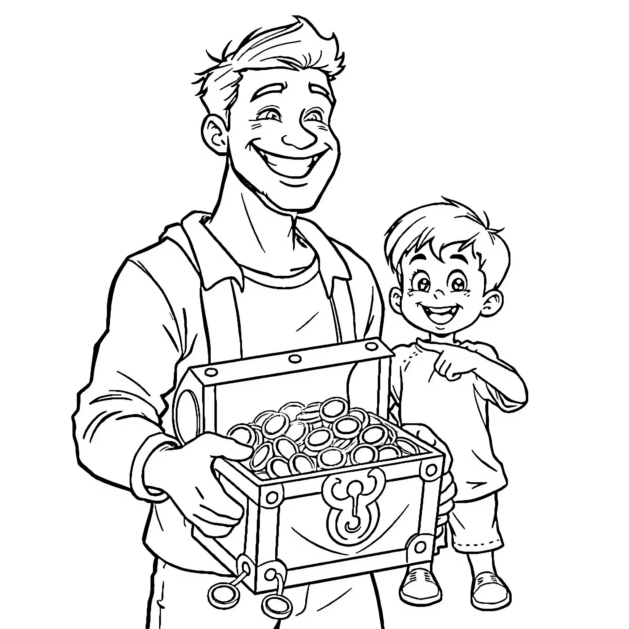 Father and Son Discover Treasure Chest Coloring Page (free black-and-white line drawing printable PDF for all, from beginners to advanced learners, including children, teens, adults, and seniors)