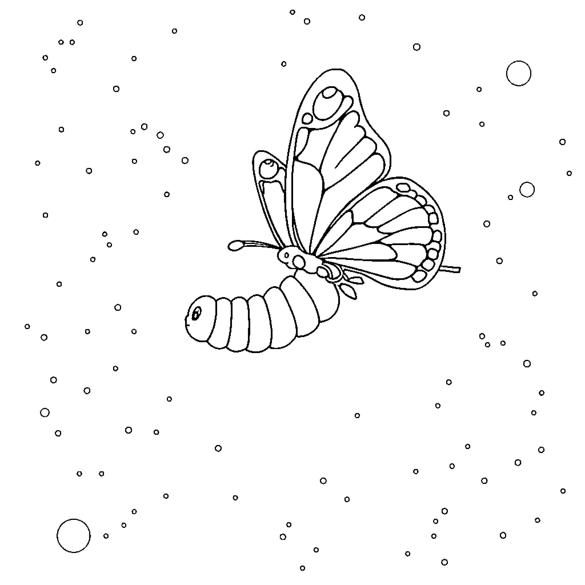 Caterpillar Transforms into Butterfly Coloring Page (free black-and-white line drawing printable PDF for all, from beginners to advanced learners, including children, teens, adults, and seniors)
