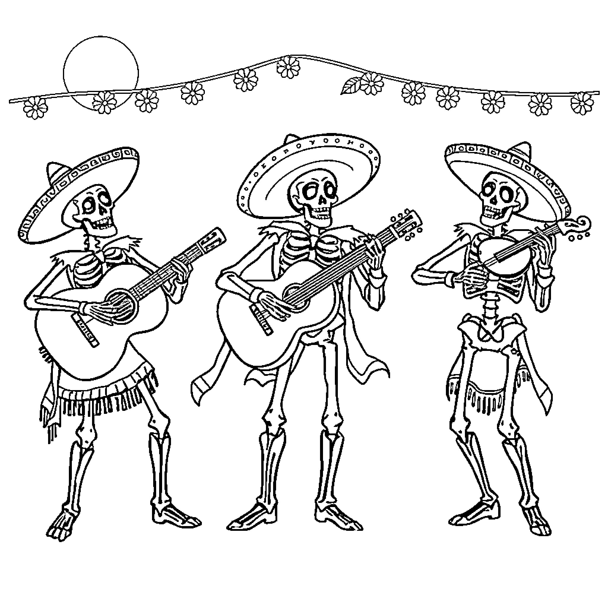 Skeleton mariachi band playing guitars Coloring Page (free black-and-white line drawing printable PDF for all, from beginners to advanced learners, including children, teens, adults, and seniors)