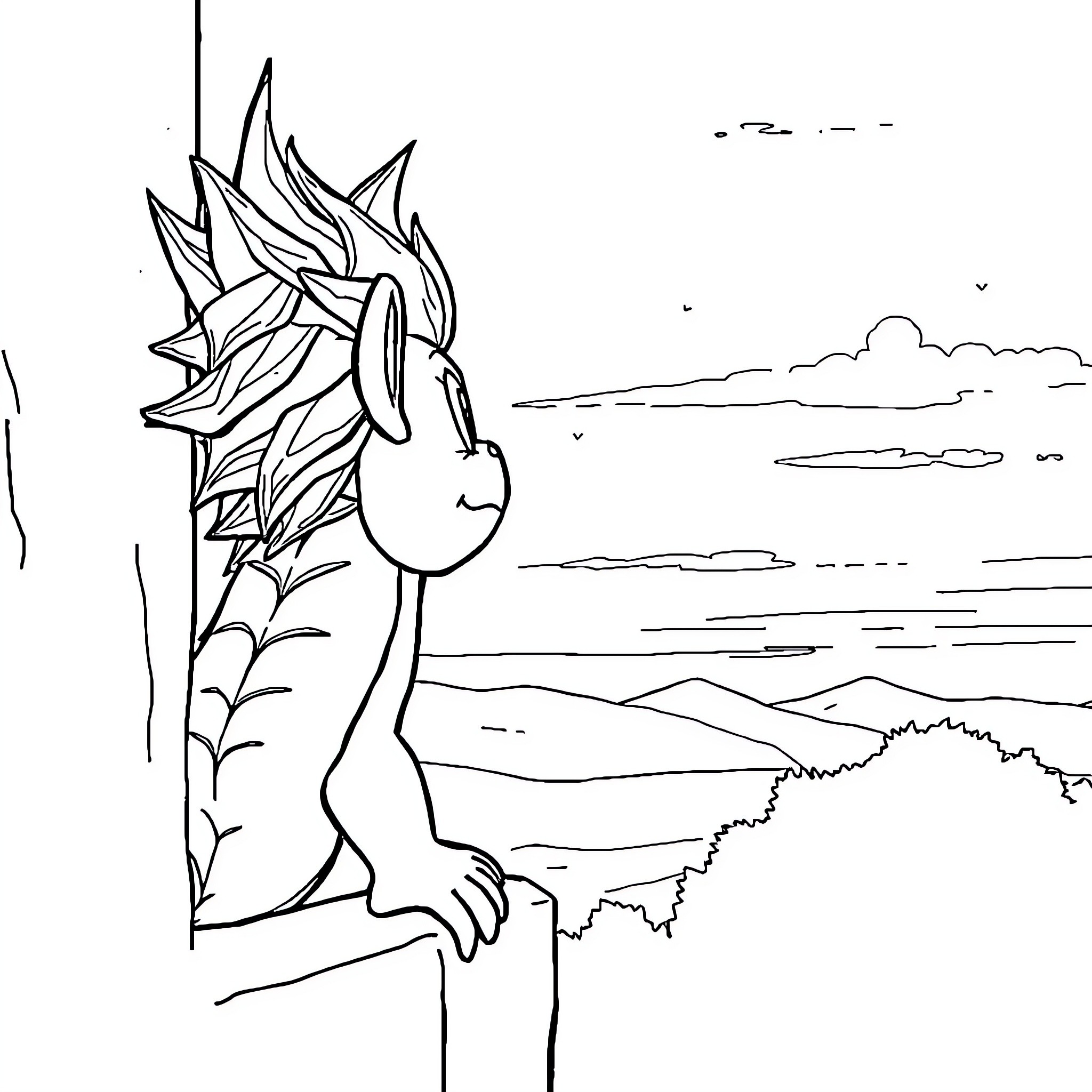 Deku standing tall against the backdrop Coloring Page (free black-and-white line drawing printable PDF for all, from beginners to advanced learners, including children, teens, adults, and seniors)