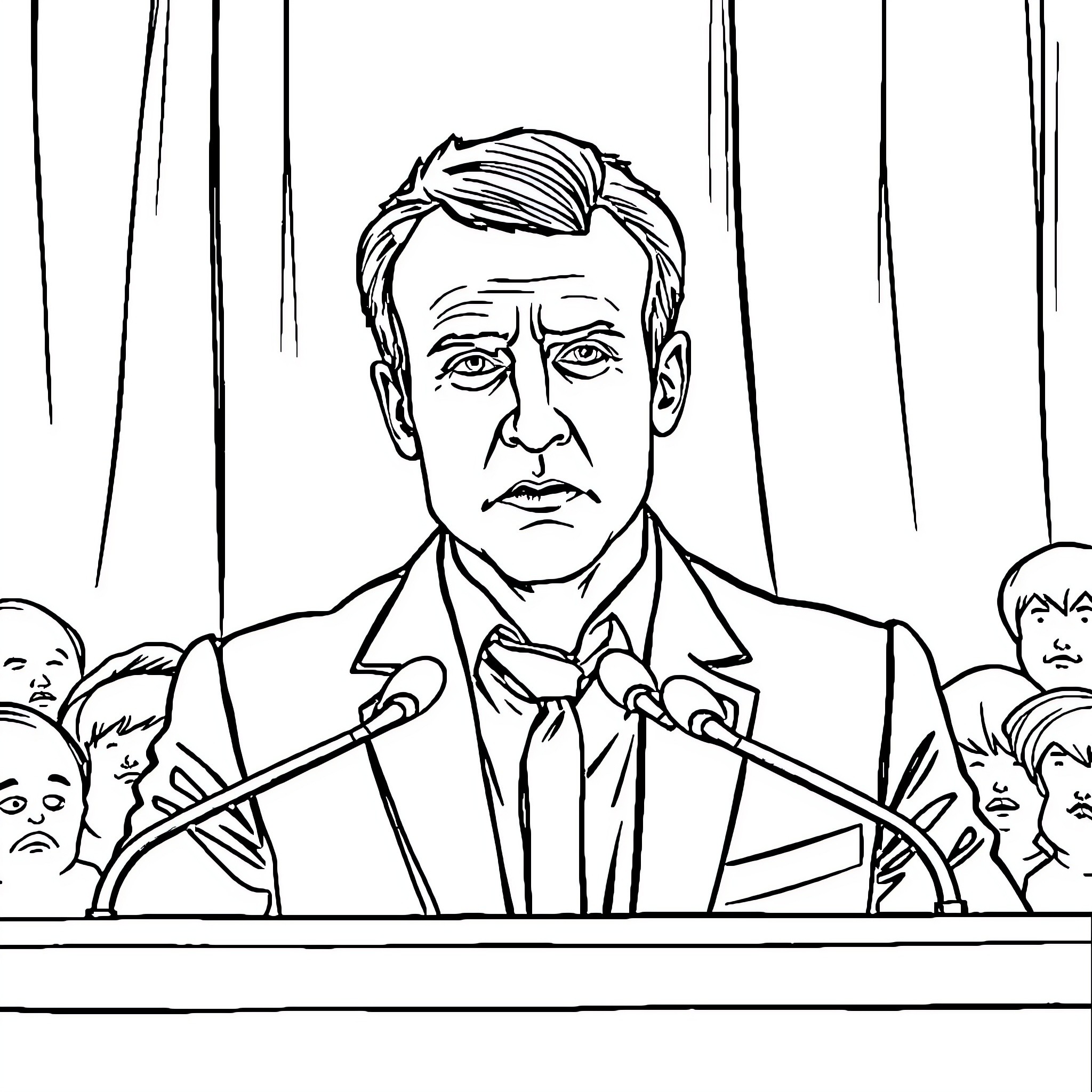 Macron Delivering Serious Speech at Podium Coloring Page (free black-and-white line drawing printable PDF for all, from beginners to advanced learners, including children, teens, adults, and seniors)