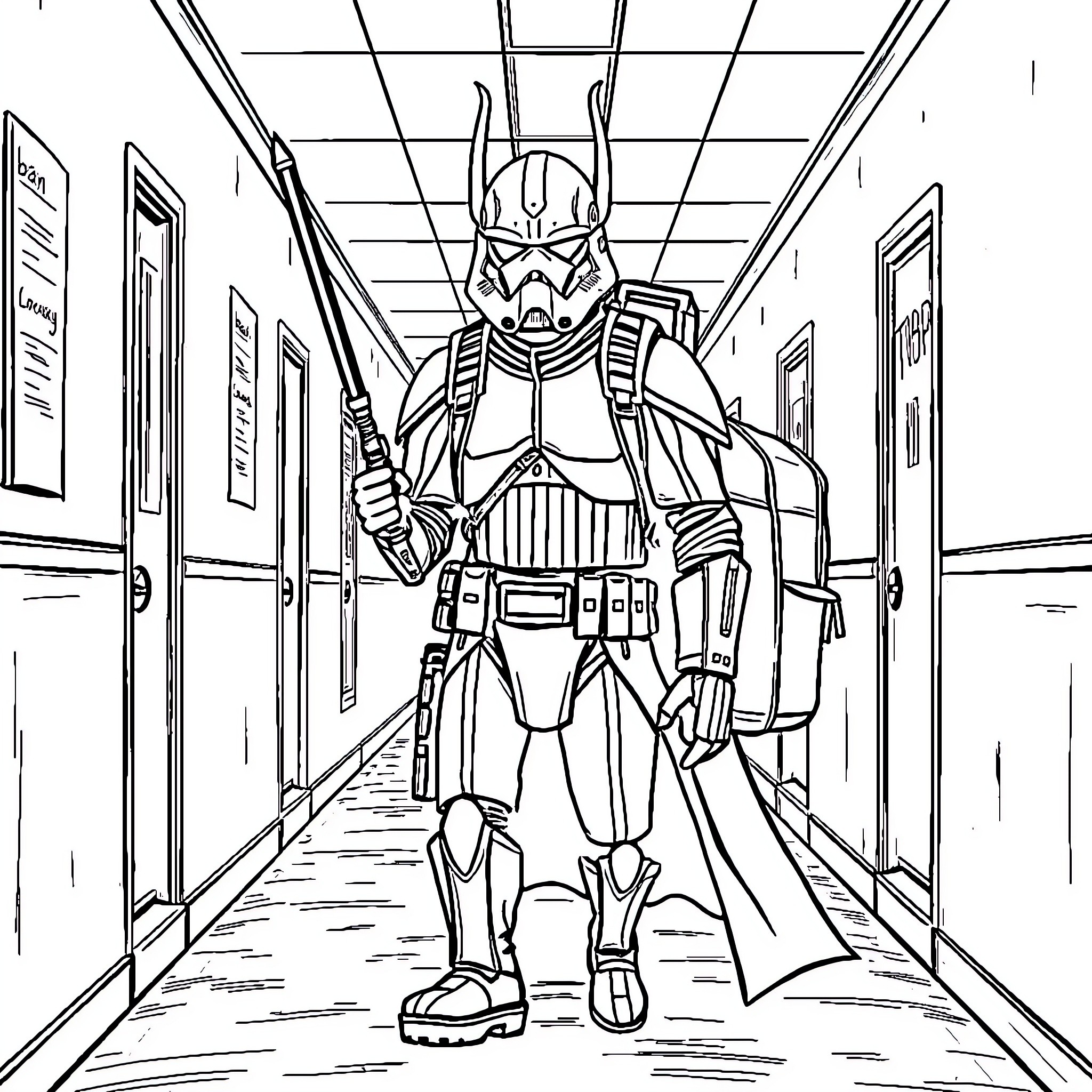 General Grievous Stalking Through the Halls Coloring Page (free black-and-white line drawing printable PDF for all, from beginners to advanced learners, including children, teens, adults, and seniors)