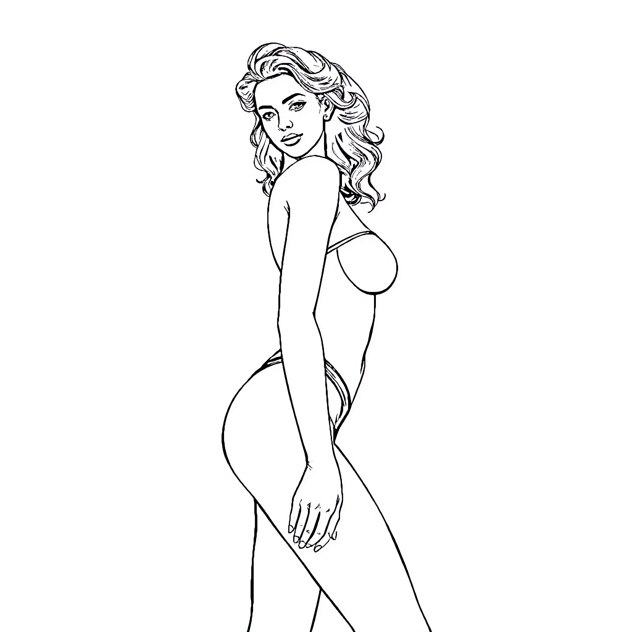 Woman in alluring pose with flowing hair Coloring Page (free black-and-white line drawing printable PDF for all, from beginners to advanced learners, including children, teens, adults, and seniors)