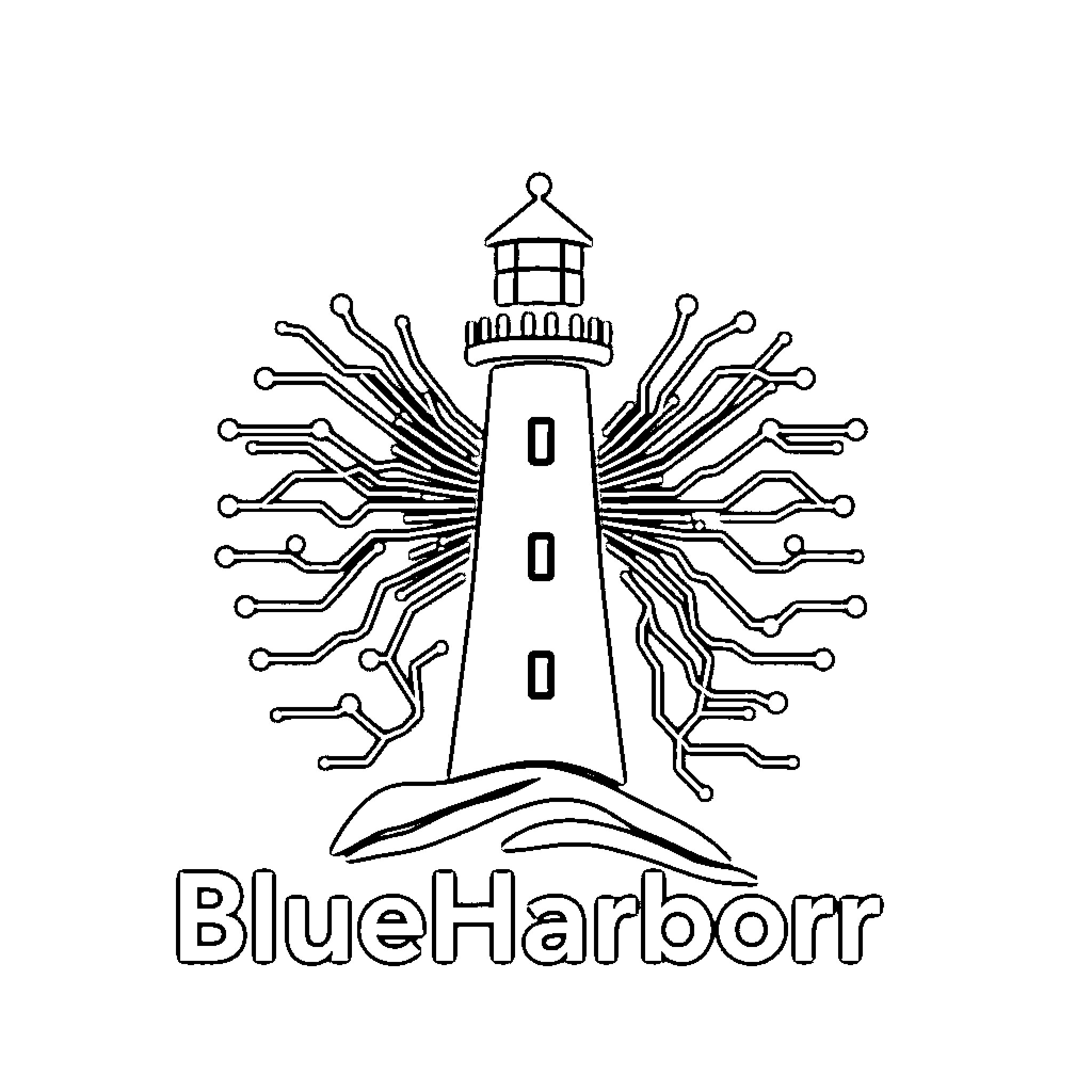 Lighthouse with digital circuit design Coloring Page (free black-and-white line drawing printable PDF for all, from beginners to advanced learners, including children, teens, adults, and seniors)