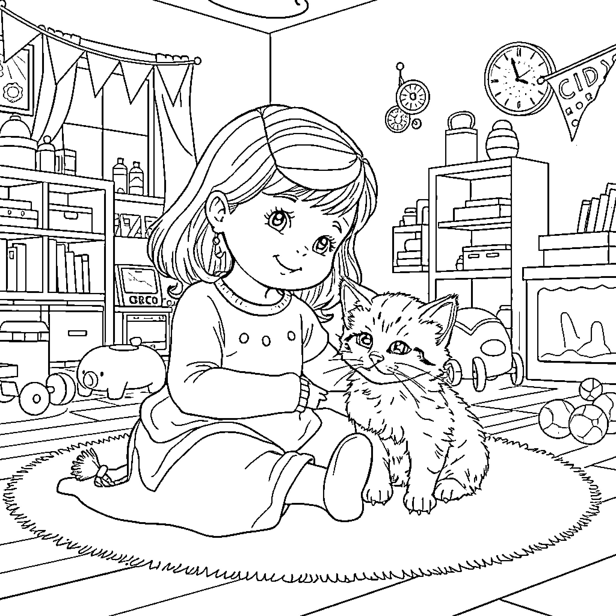 Girl playing with adorable kitten in room Coloring Page (free black-and-white line drawing printable PDF for all, from beginners to advanced learners, including children, teens, adults, and seniors)