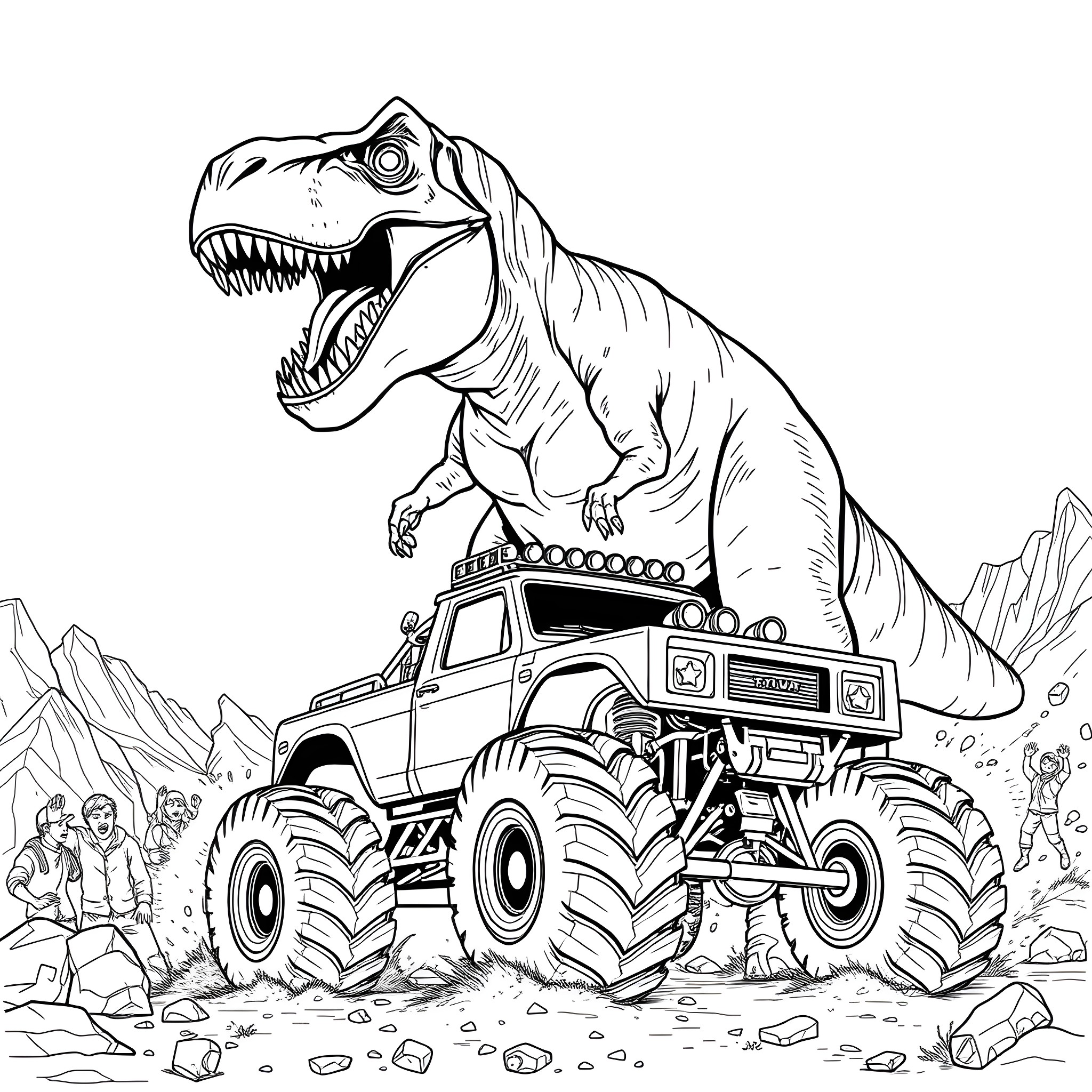 T-Rex Chasing Monster Truck Through Prehistoric Landscape Coloring Page (free black-and-white line drawing printable PDF for all, from beginners to advanced learners, including children, teens, adults, and seniors)